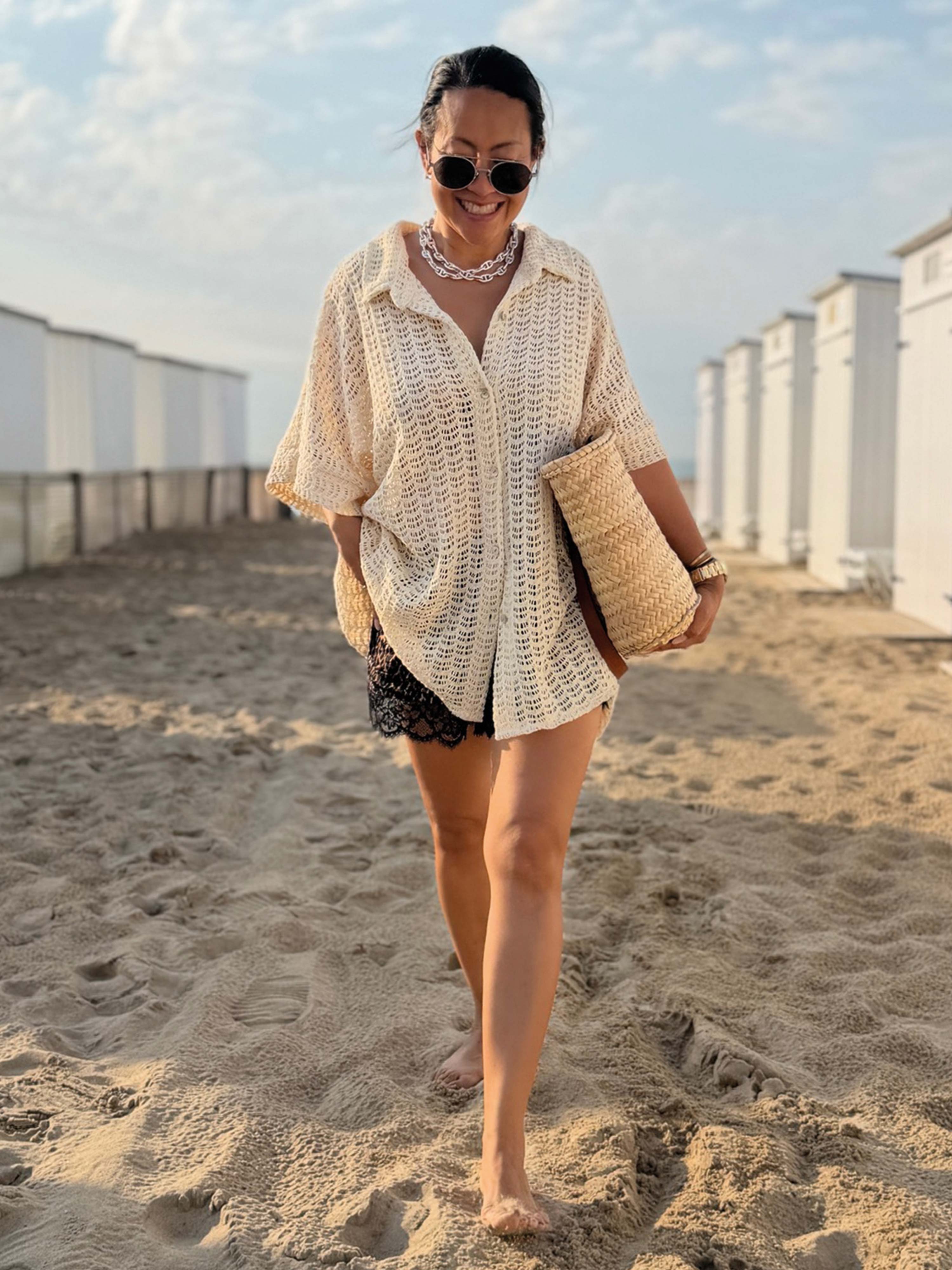 Oversize Kurzarm Häkel Hemd MANACOR - Creme