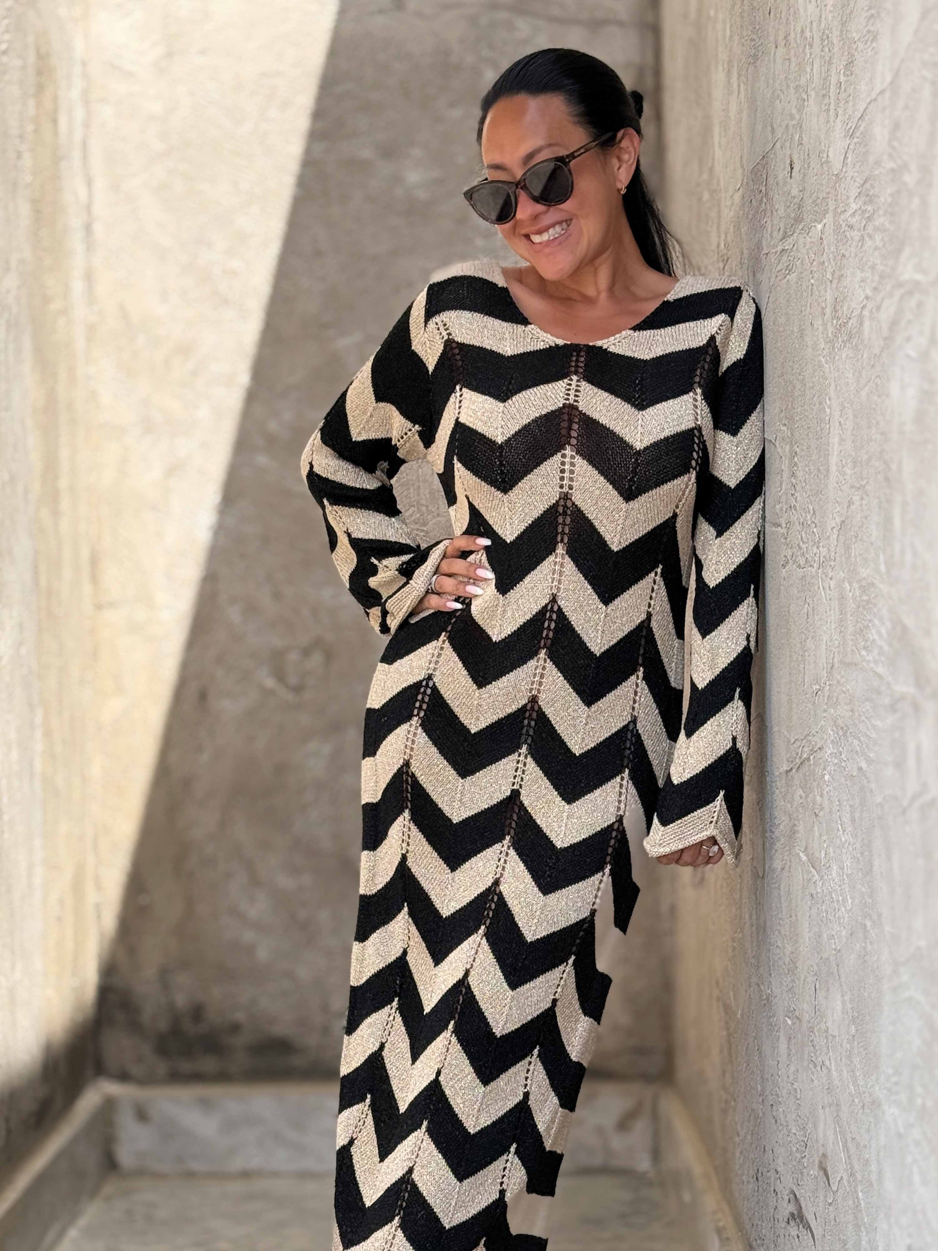 Häkel Beach Strickkleid - Stripes Schwarz/Gold