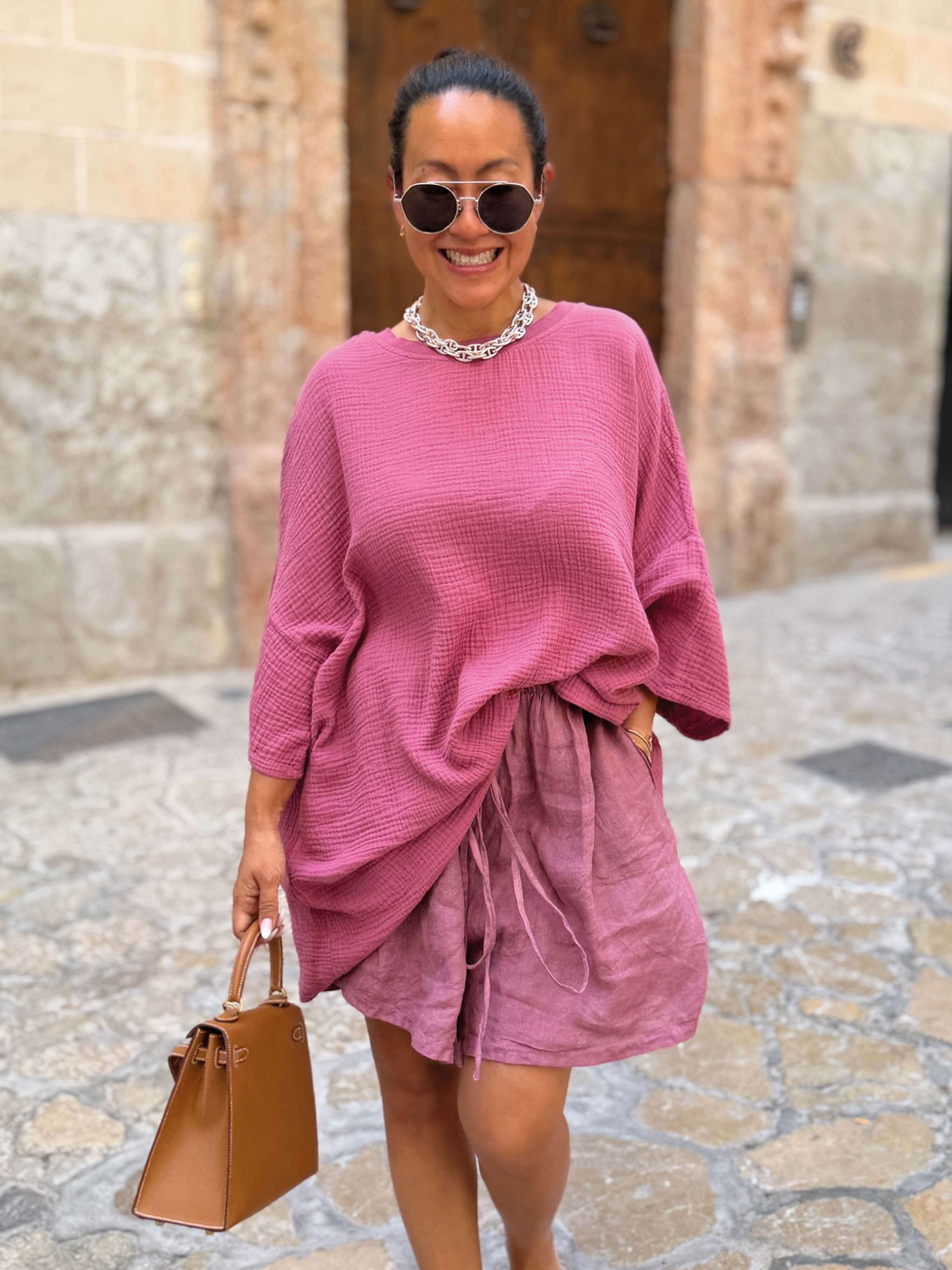 Musselin Oversize Kurzarm Shirt - Beere