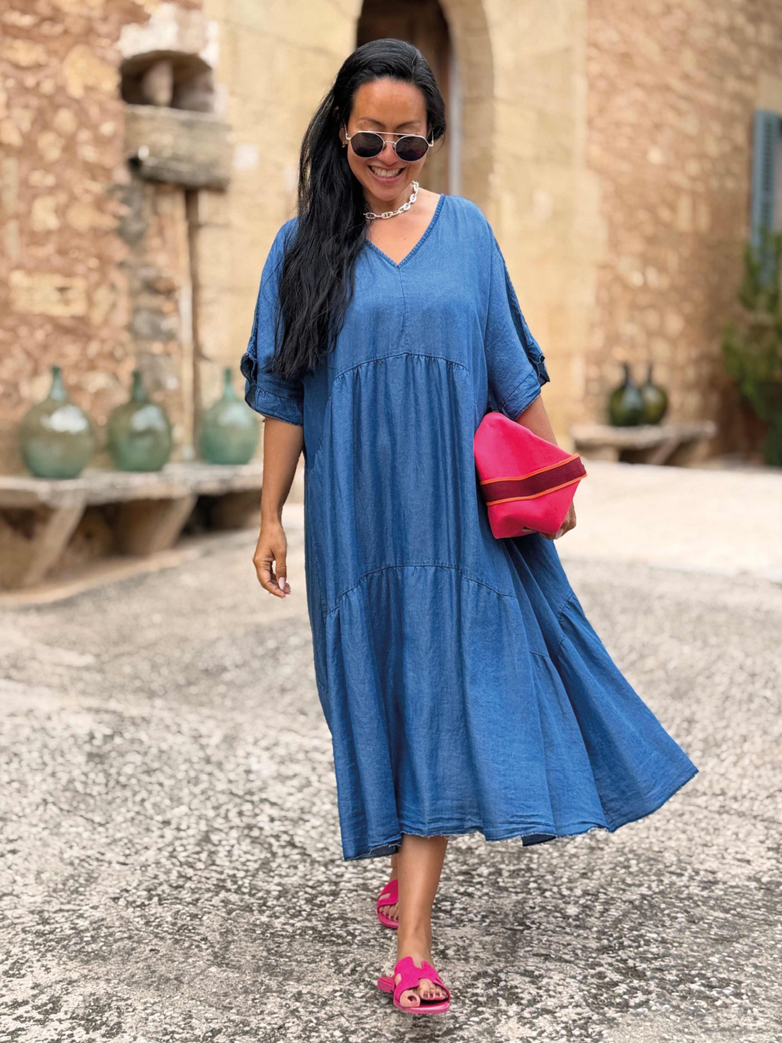 Leichte Lyocell Tunika Long mit V-Ausschnitt - Medium Blue