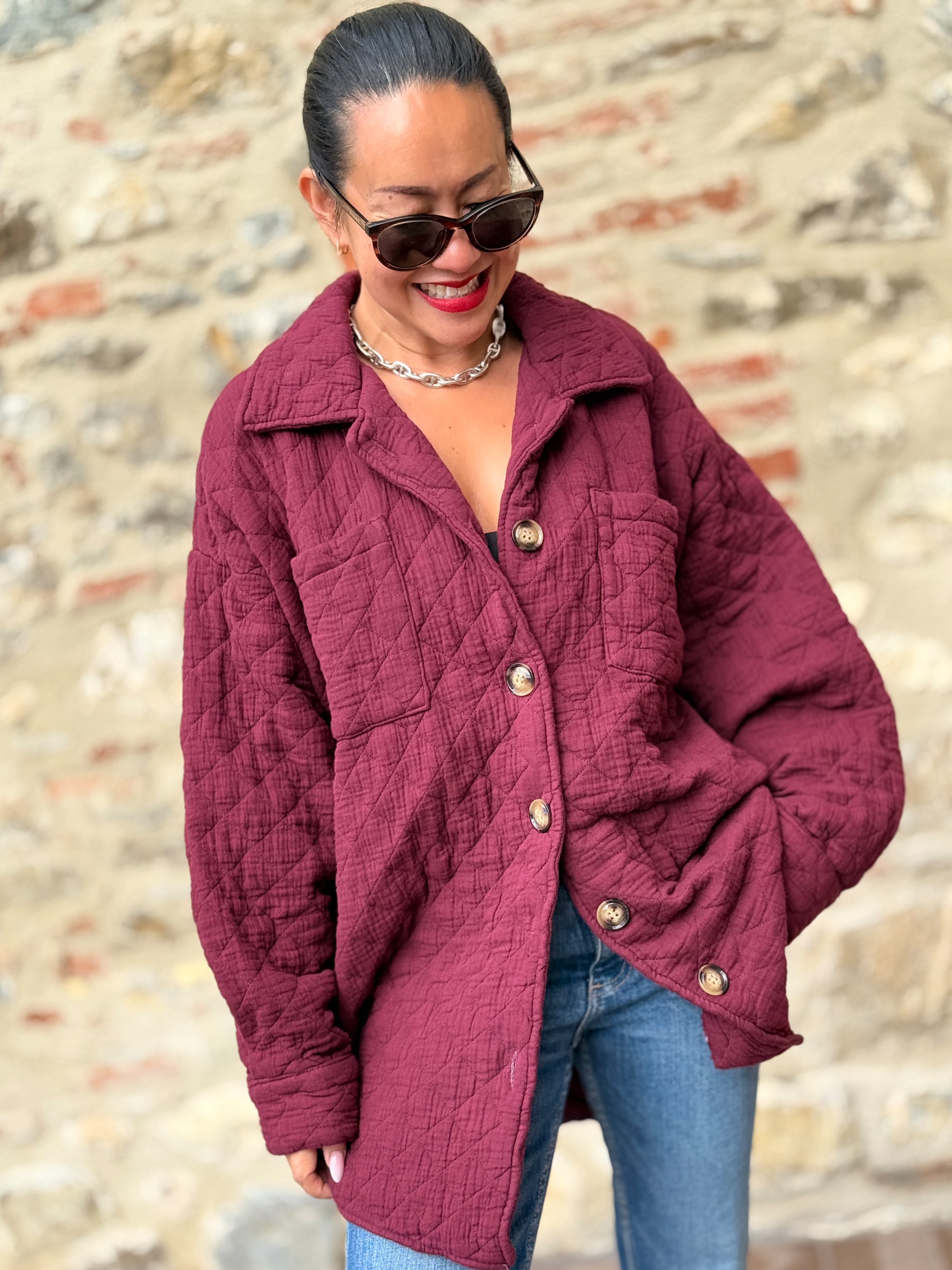 Gefütterte Oversize Musselin Overshirt Jacke - Burgundy