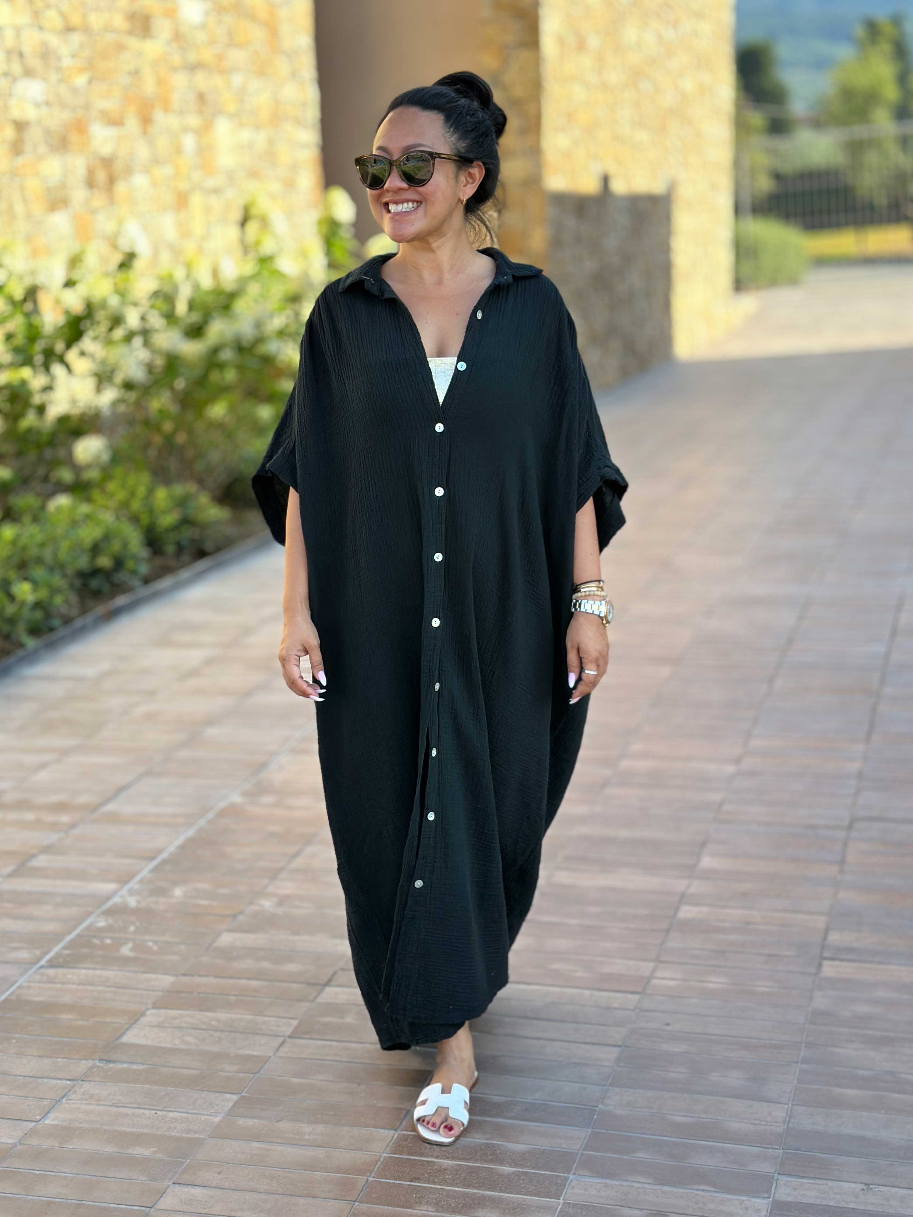 Musselin Oversize Kurzarm Blusenkleid - Milano - Schwarz