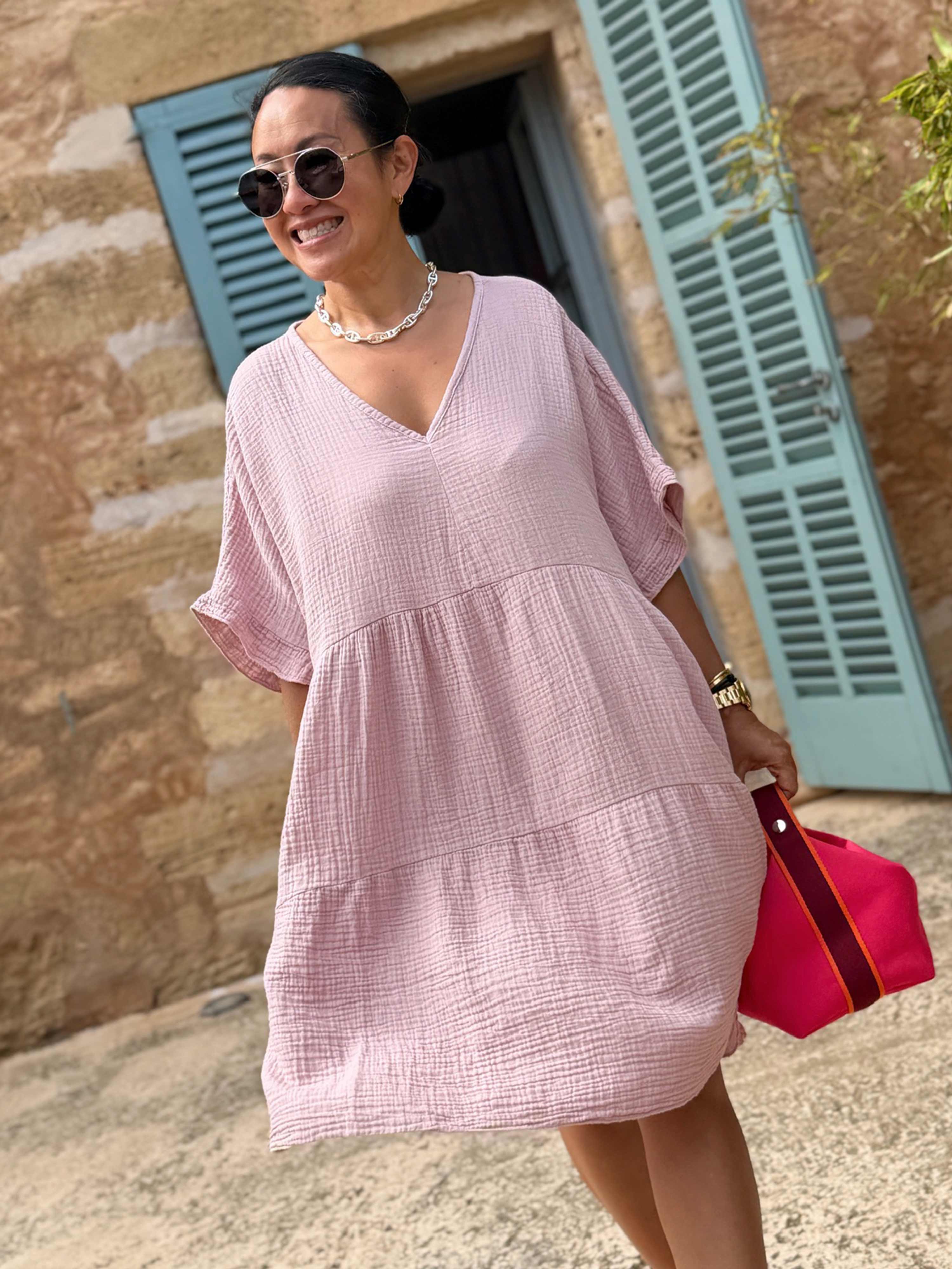 Musselin Tunika Midi mit V-Ausschnitt - Blush