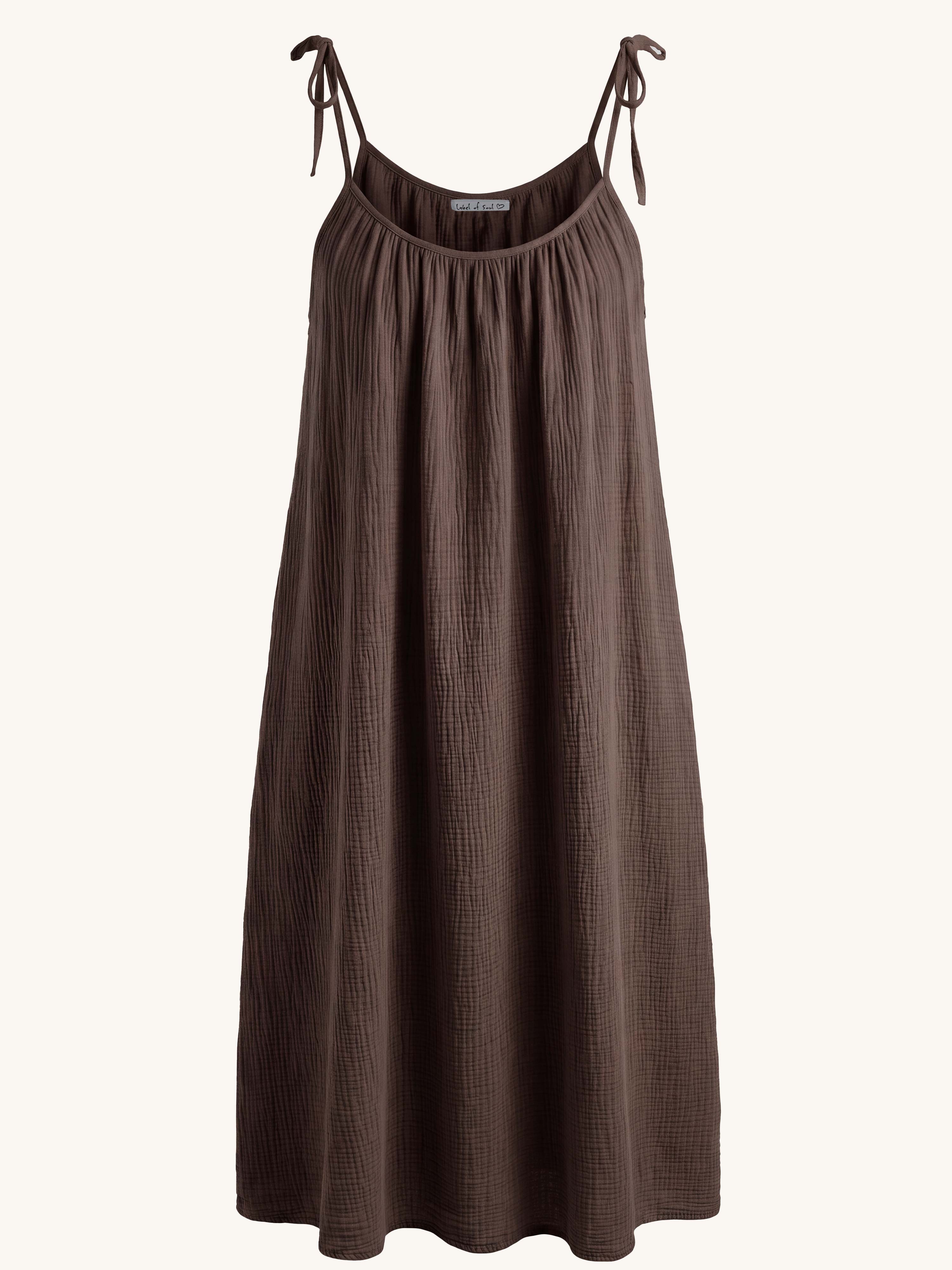 Musselin Trägerkleid LONG mit Taschen - ALISA - Schoko