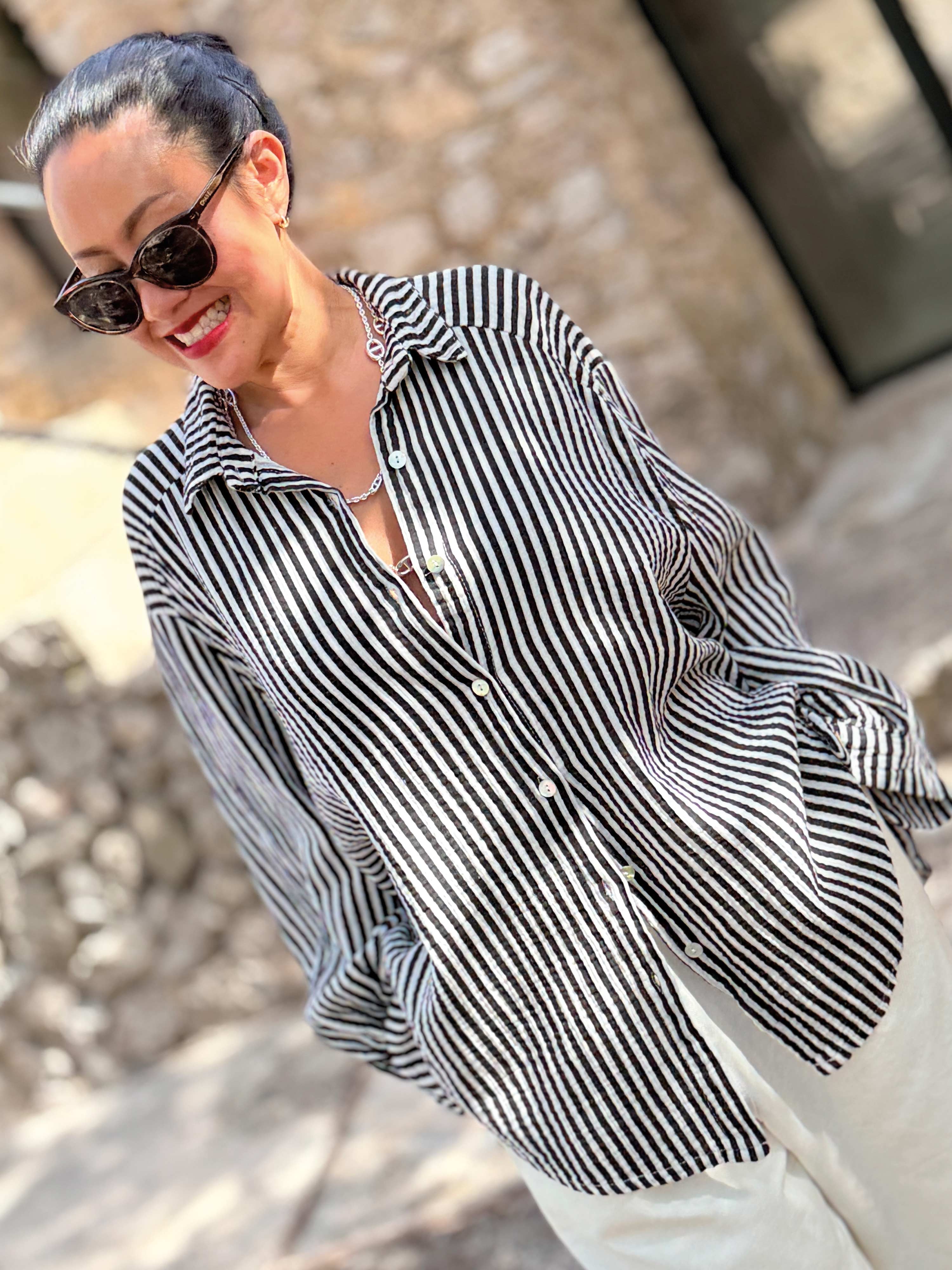Musselin Midi Oversize Bluse - STRIPES - Schwarz/Creme Musselin Midi Oversize Bluse - STRIPES - Schwarz/Creme