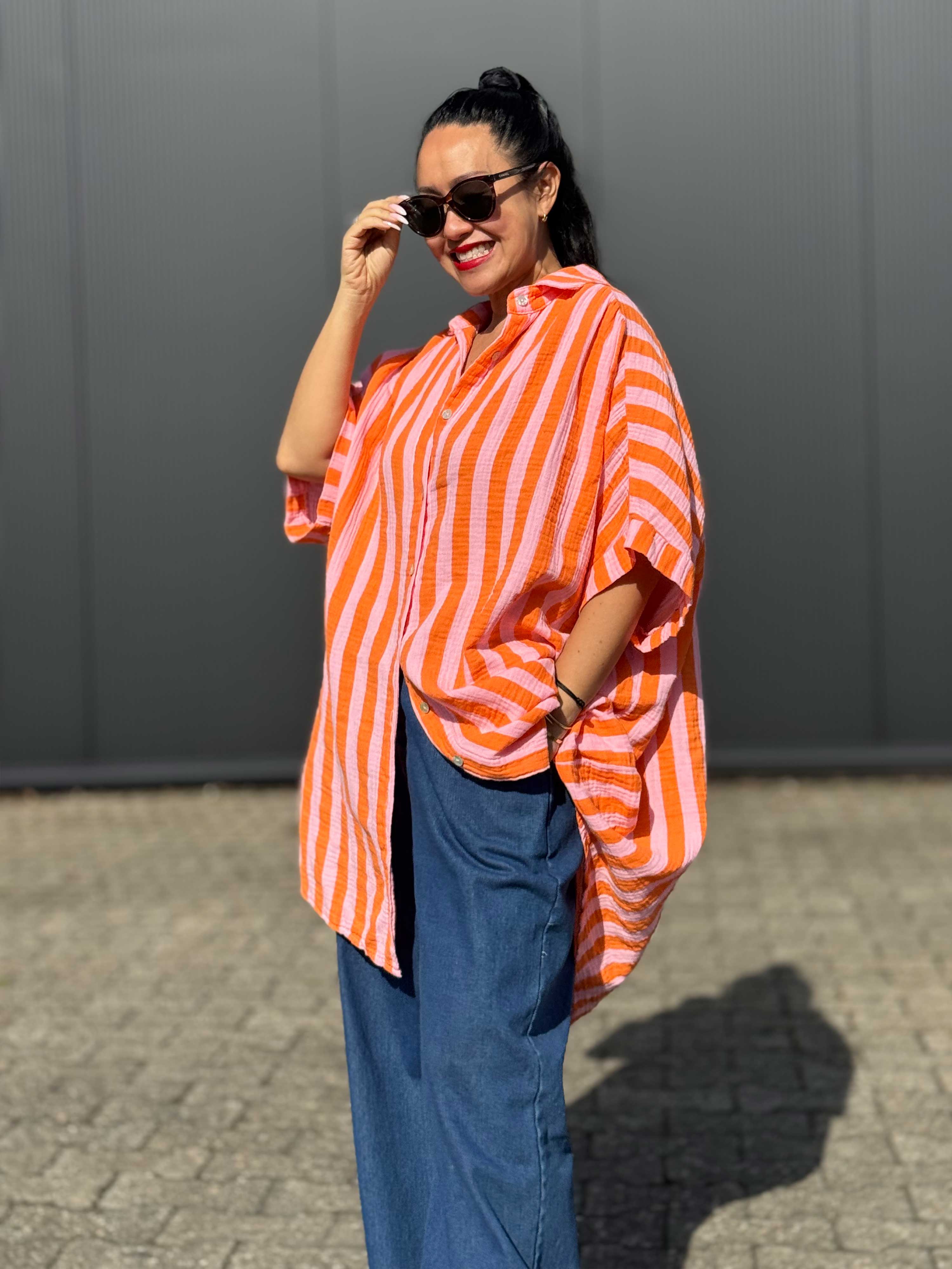 Musselin Oversize Kurzarm Bluse Long - BIG STRIPES - Lollipop Musselin Oversize Kurzarm Bluse Long - BIG STRIPES - Lollipop