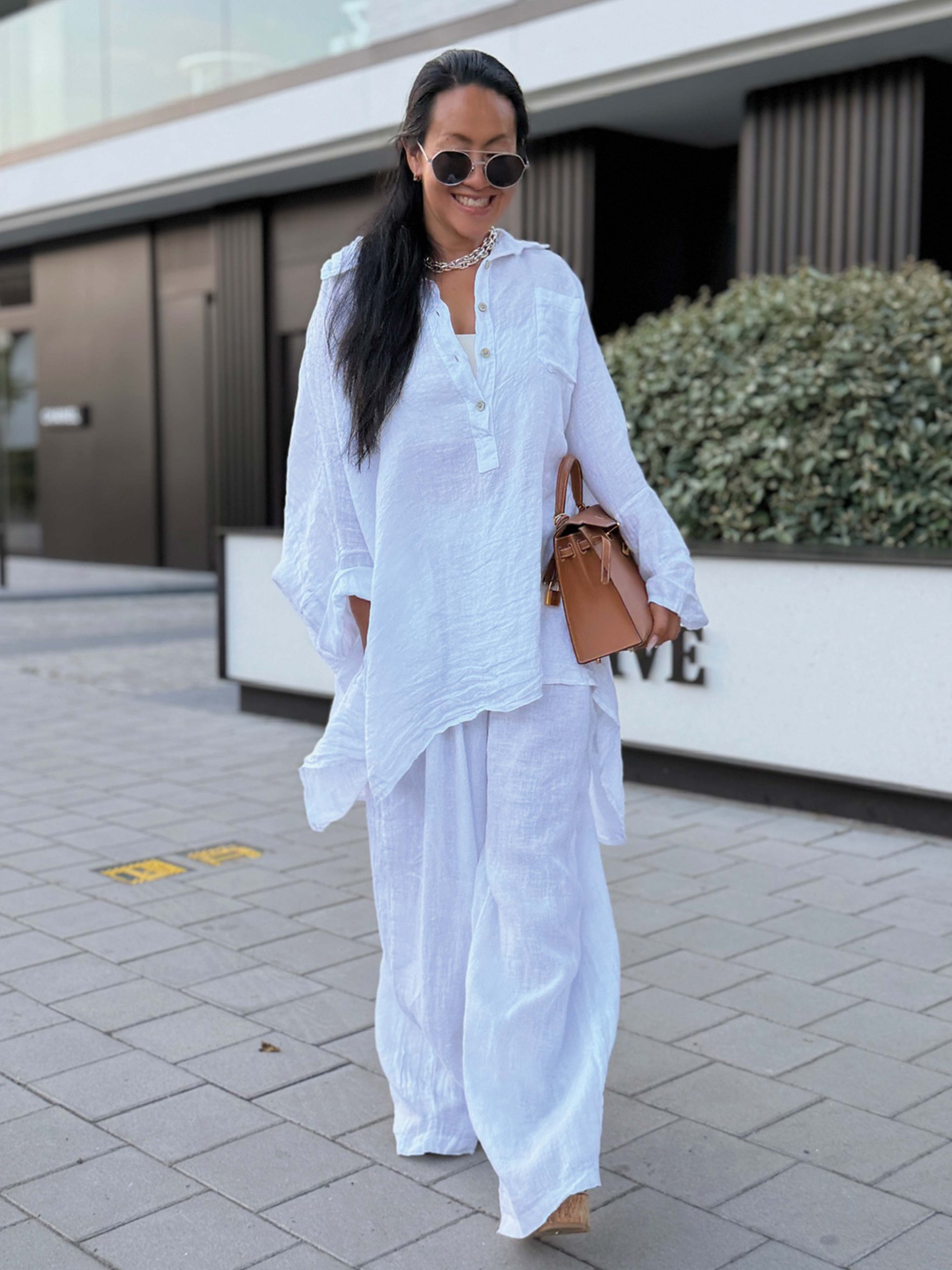 Leinen Oversize Bluse mit Seitentaschen - Weiss