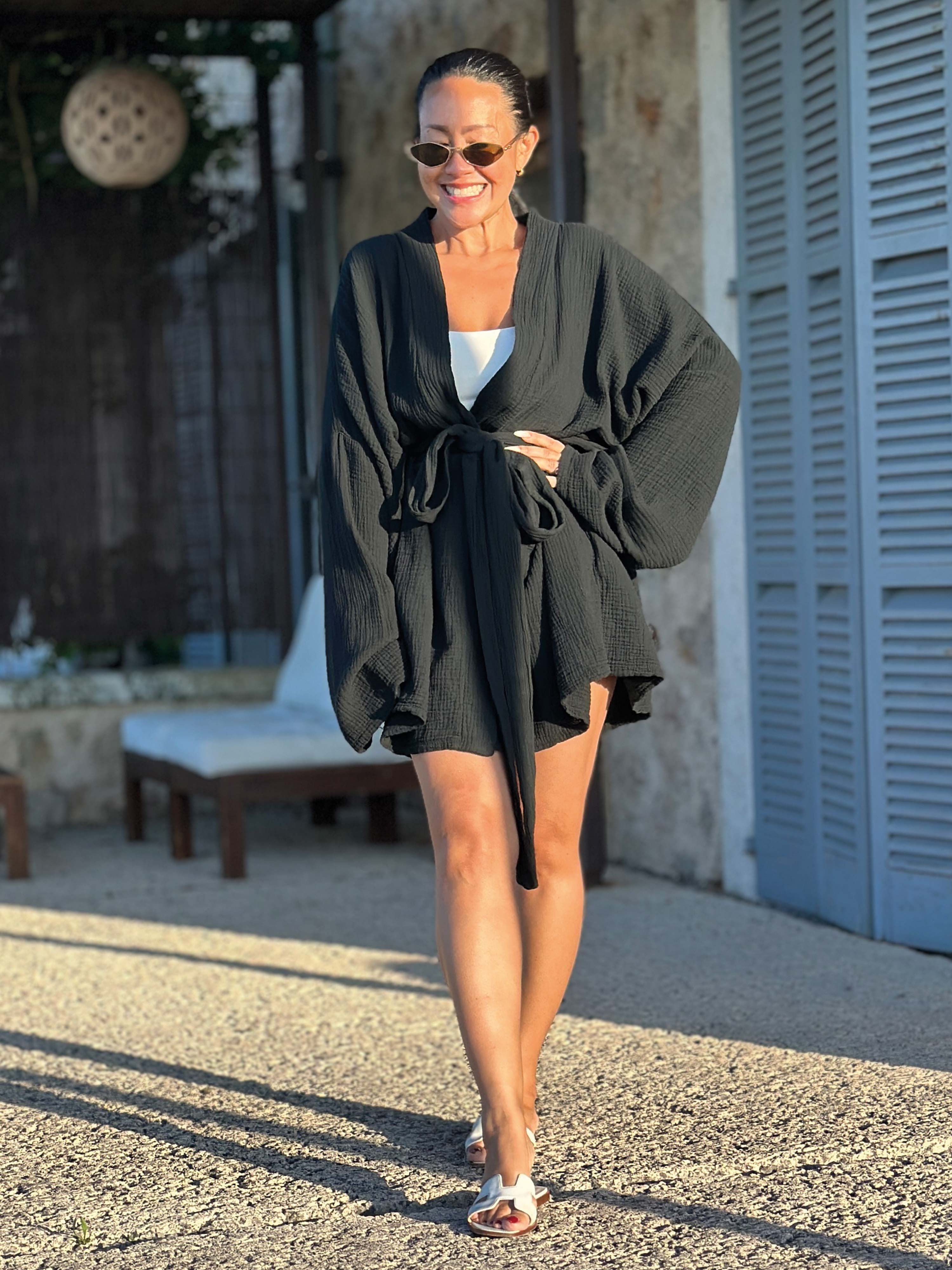Musselin Wickel Kimono Jacke - NAMASTE - Schwarz