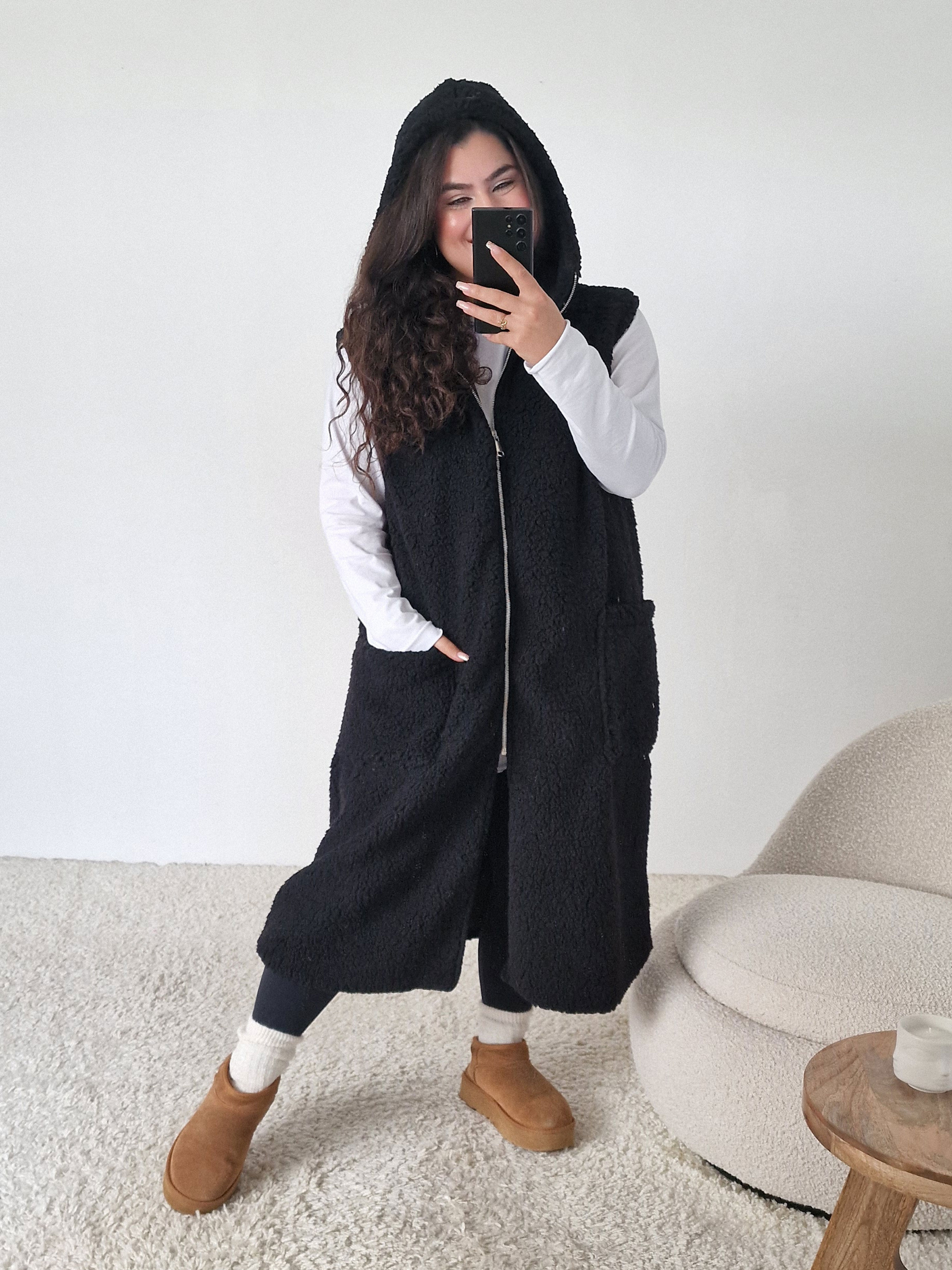 Teddylook Long Weste mit Kapuze - Schwarz