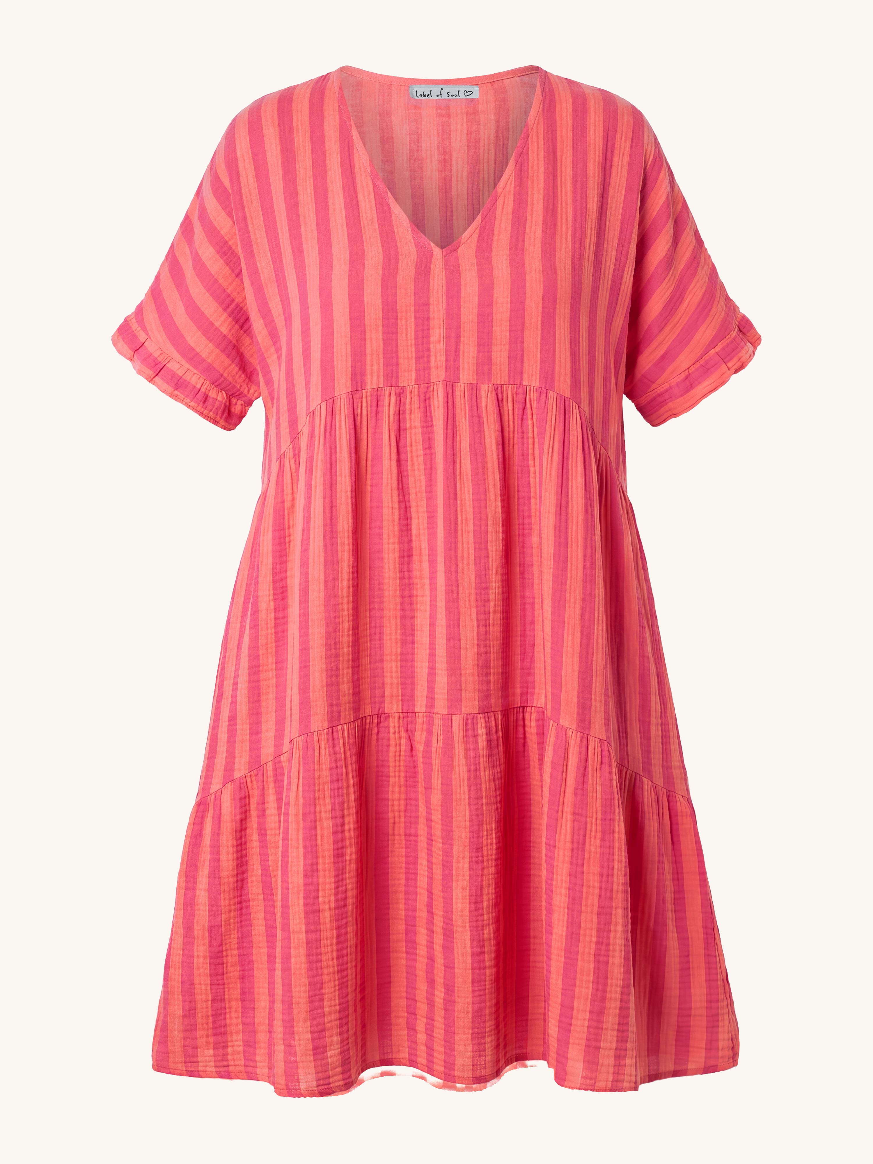 Musselin Tunika Long mit V-Ausschnitt - STRIPES Flamingo Kiss