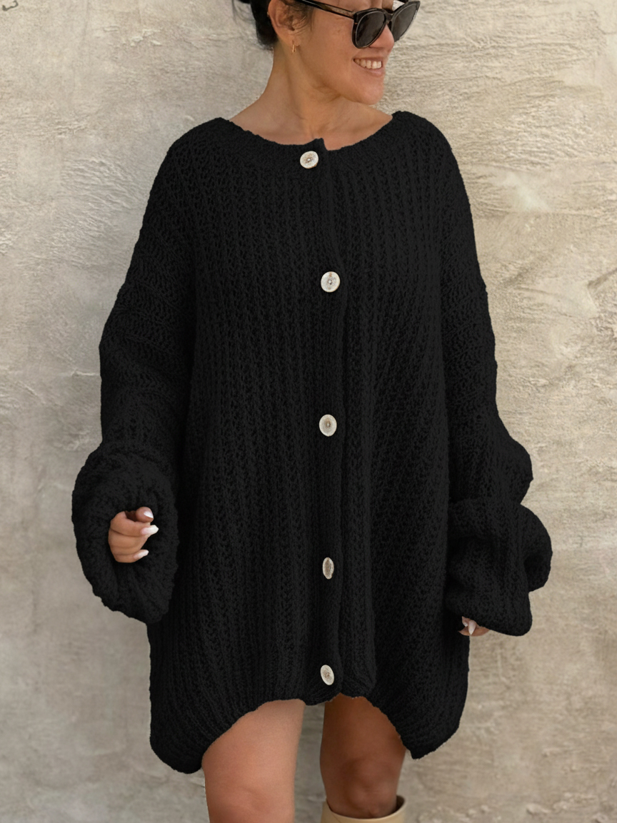 Oversize Bouclé Grob Strickjacke - Schwarz