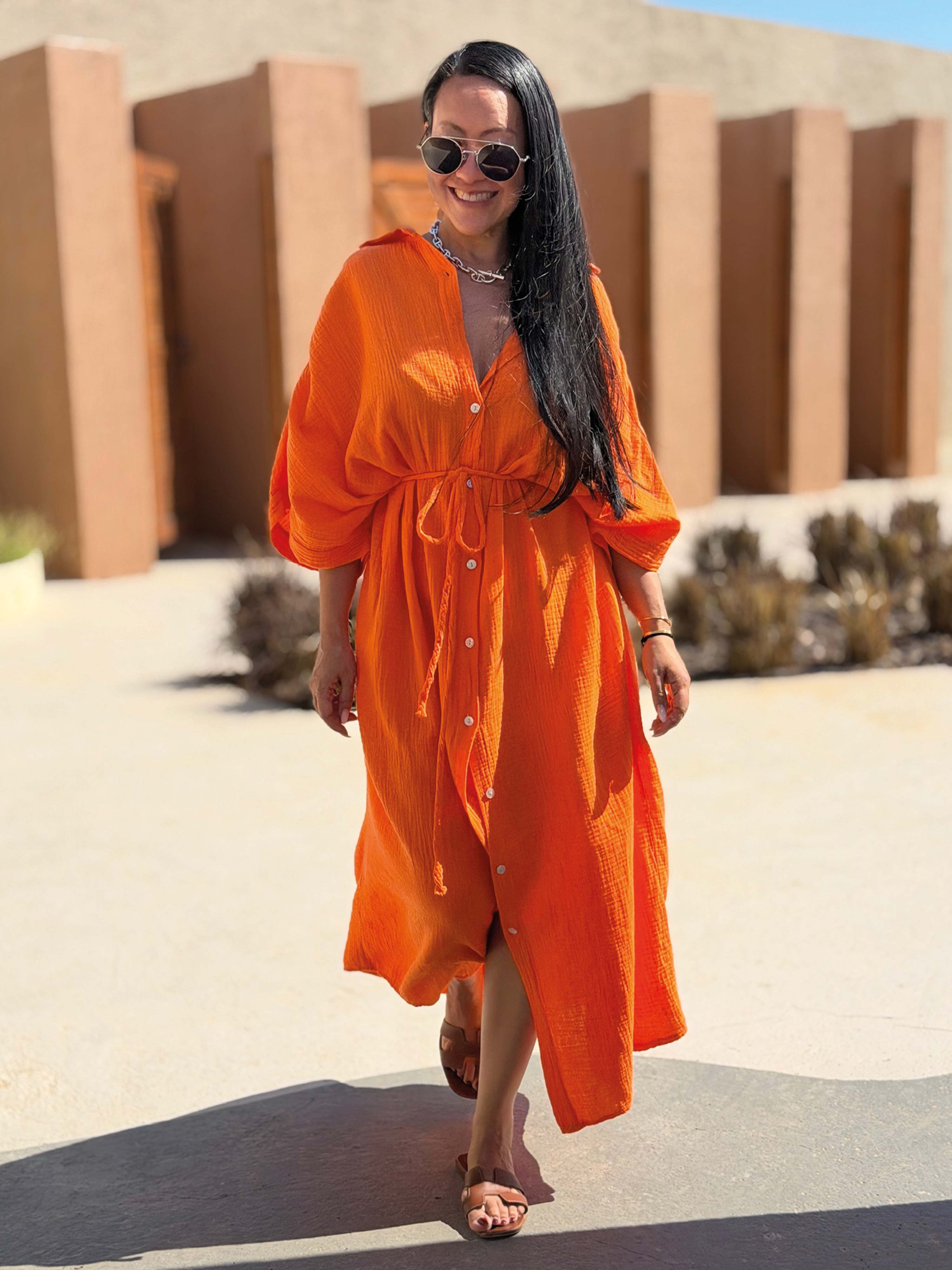 Musselin Oversize Kurzarm Blusenkleid - CAPRI - Sunset Orange