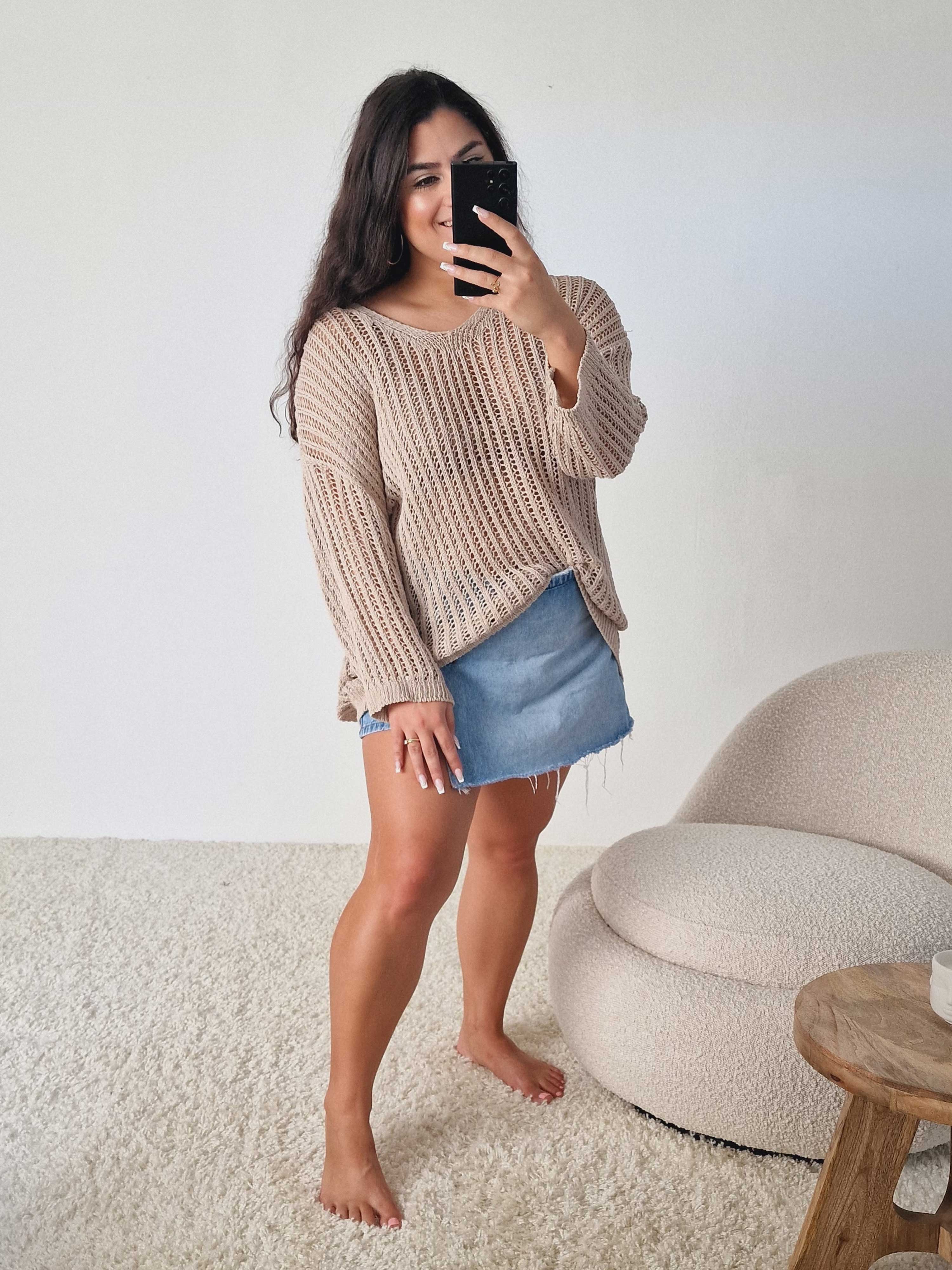 Häkelpullover mit V-Ausschnitt - Beige