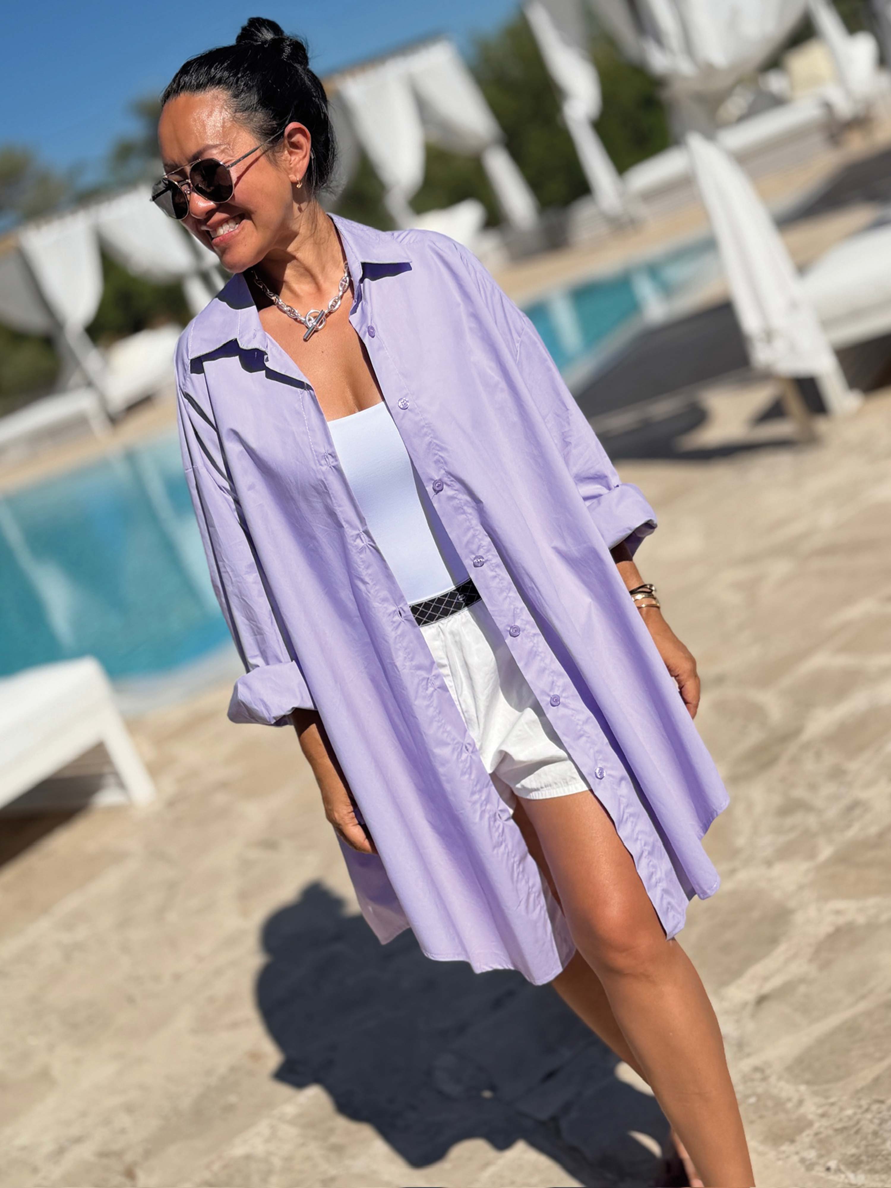 Cotton Long Oversize Hemdbluse - Flieder