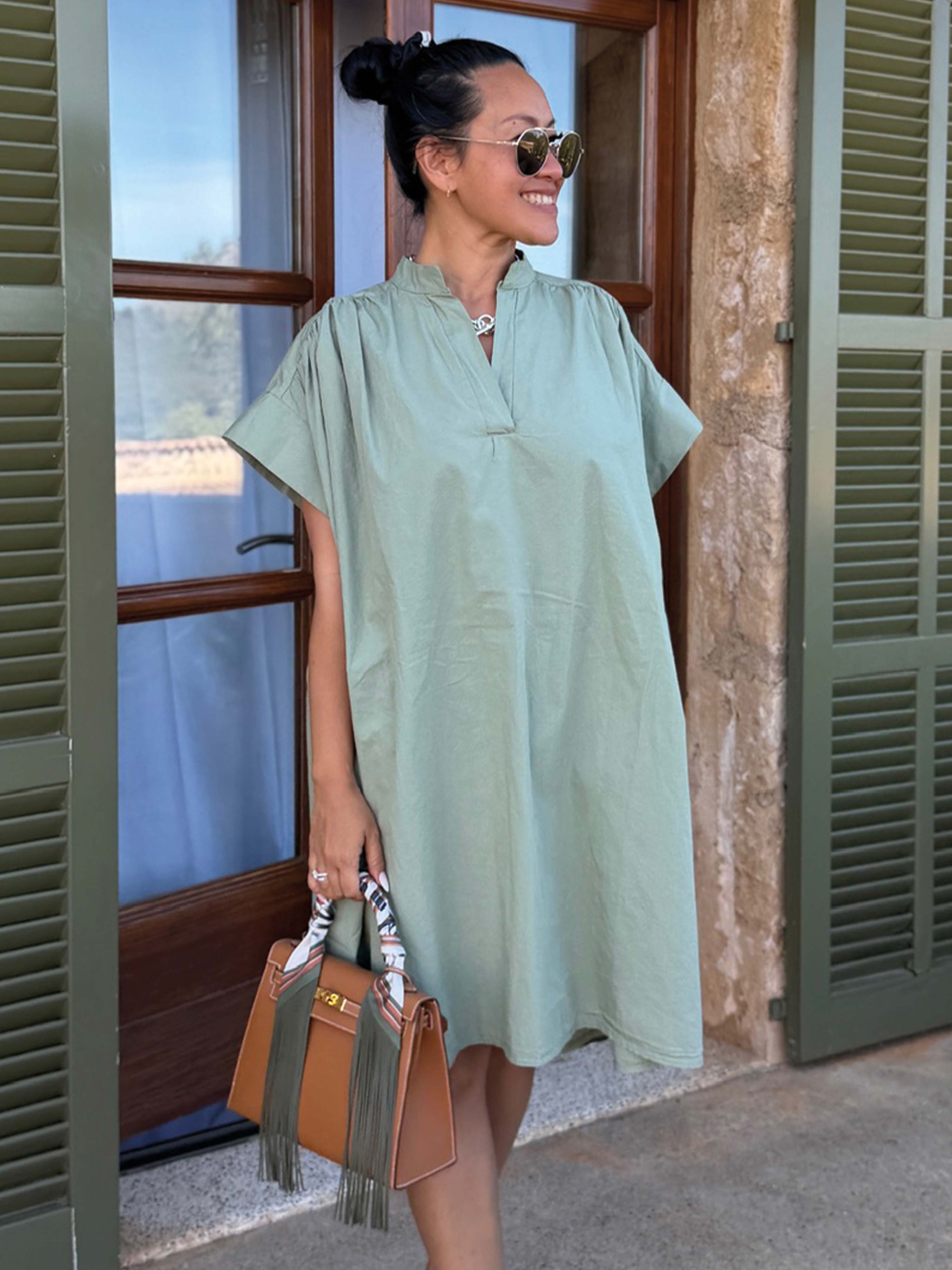Cotton Vokuhila Oversize Tunika Midi mit Taschen - Matcha