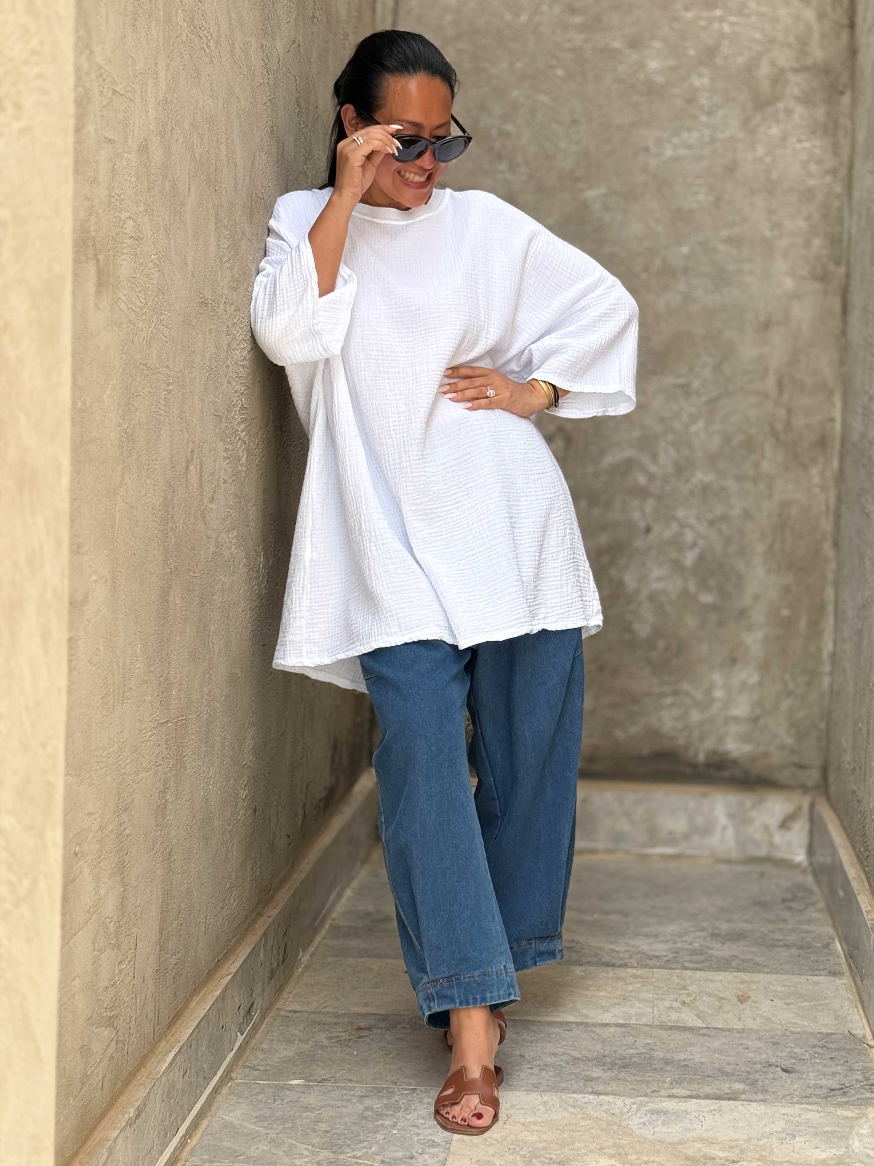 Musselin Oversize Kurzarm Shirt - Weiss Musselin Oversize Kurzarm Shirt - Weiss