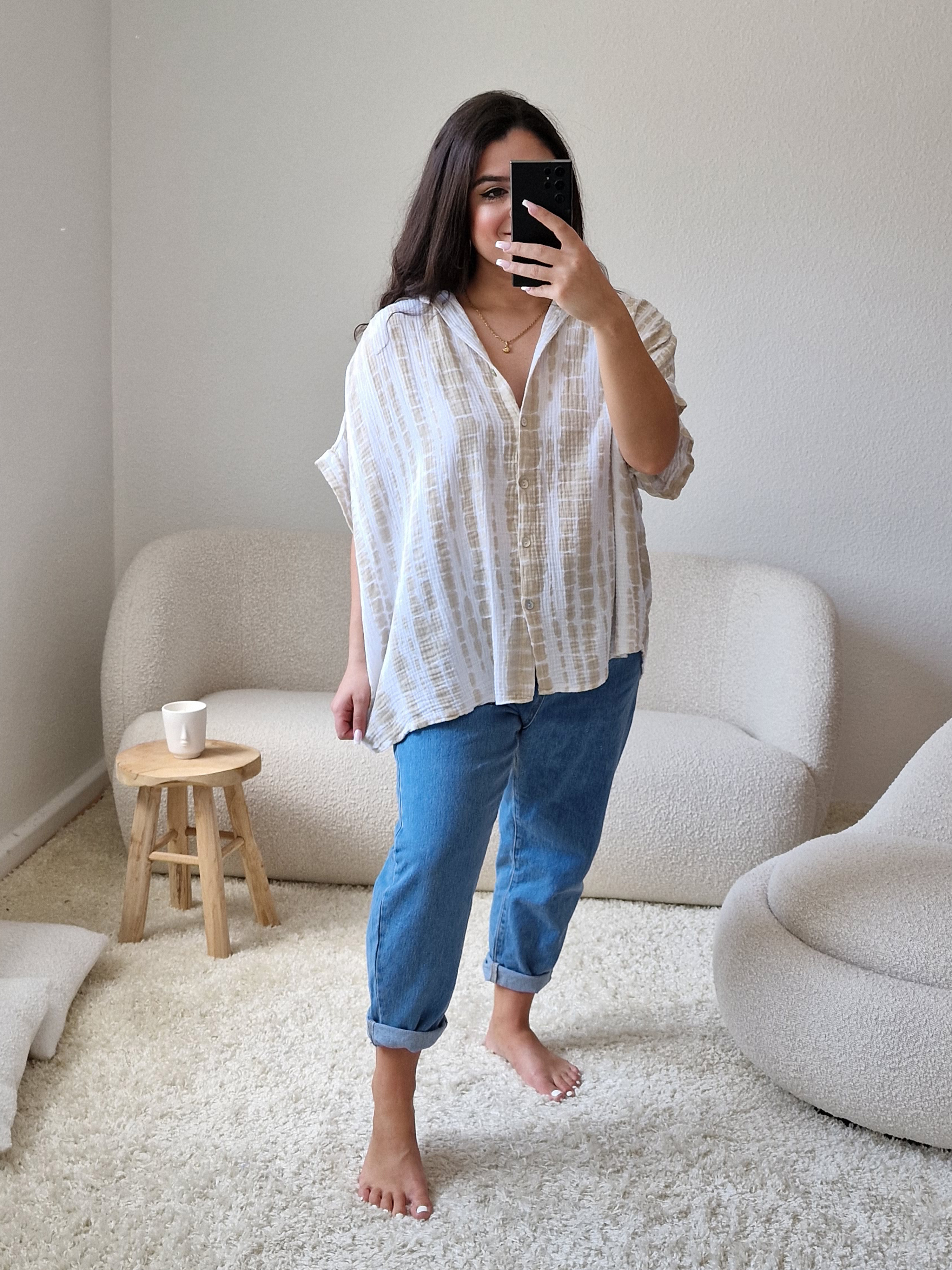 Musselin Oversize Kurzarm Bluse MIDI - KROKO Beige/Weiss