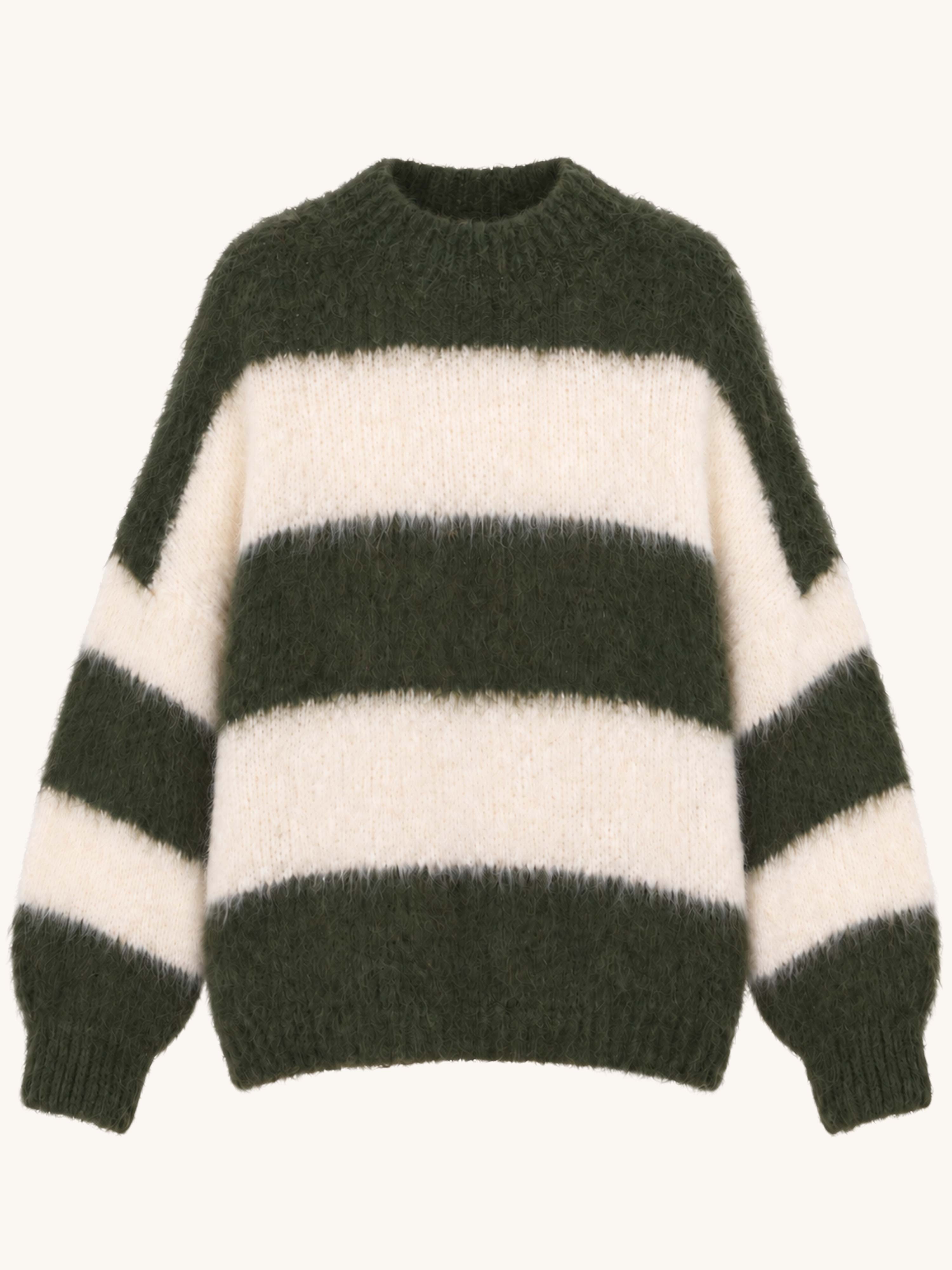 Oversize Strickpullover mit Stehkragen FLUFFY - STRIPES - Olive/Creme