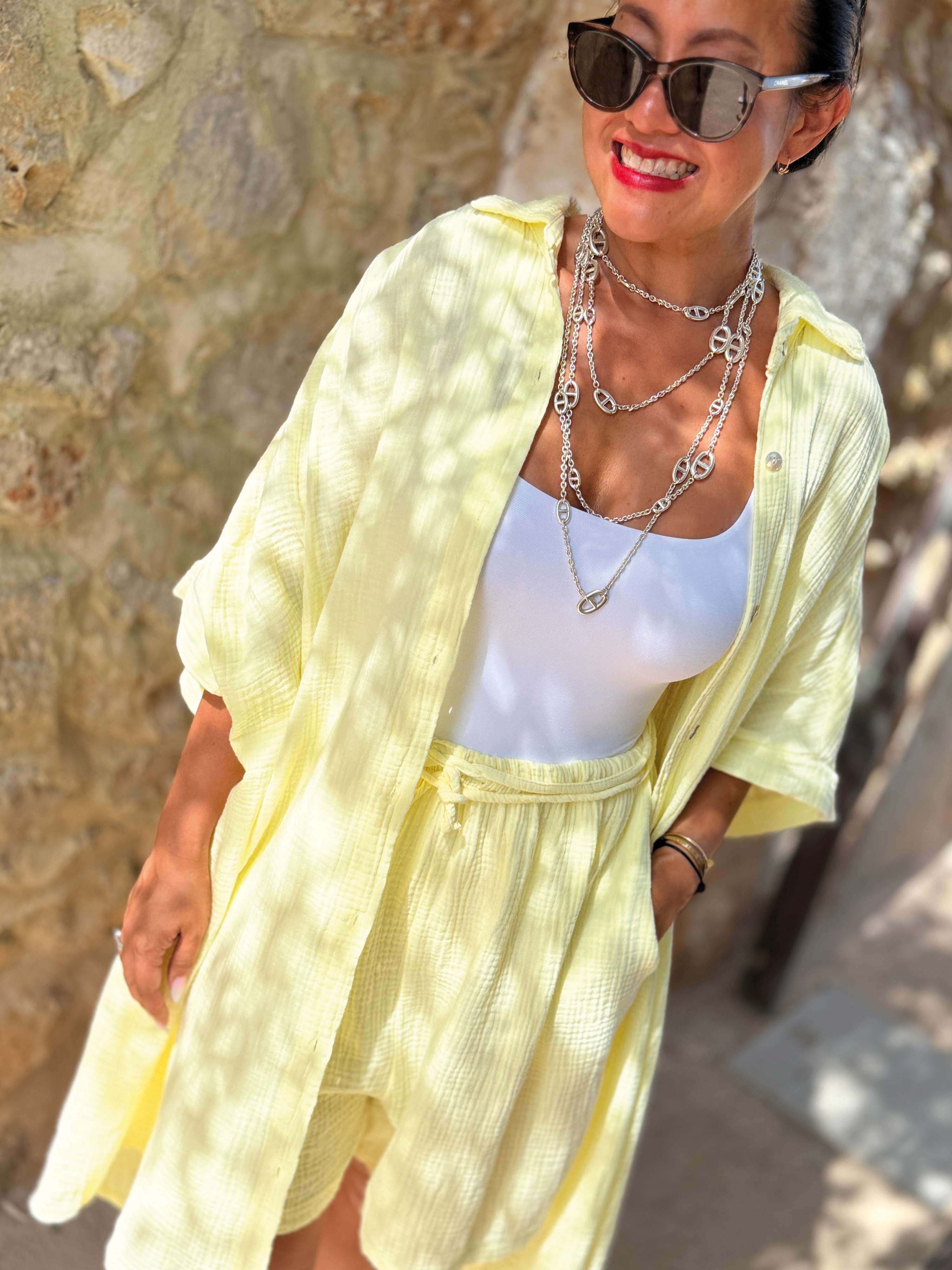 Musselin Oversize Kurzarm Bluse Long - Butter Yellow Musselin Oversize Kurzarm Bluse Long - Butter Yellow