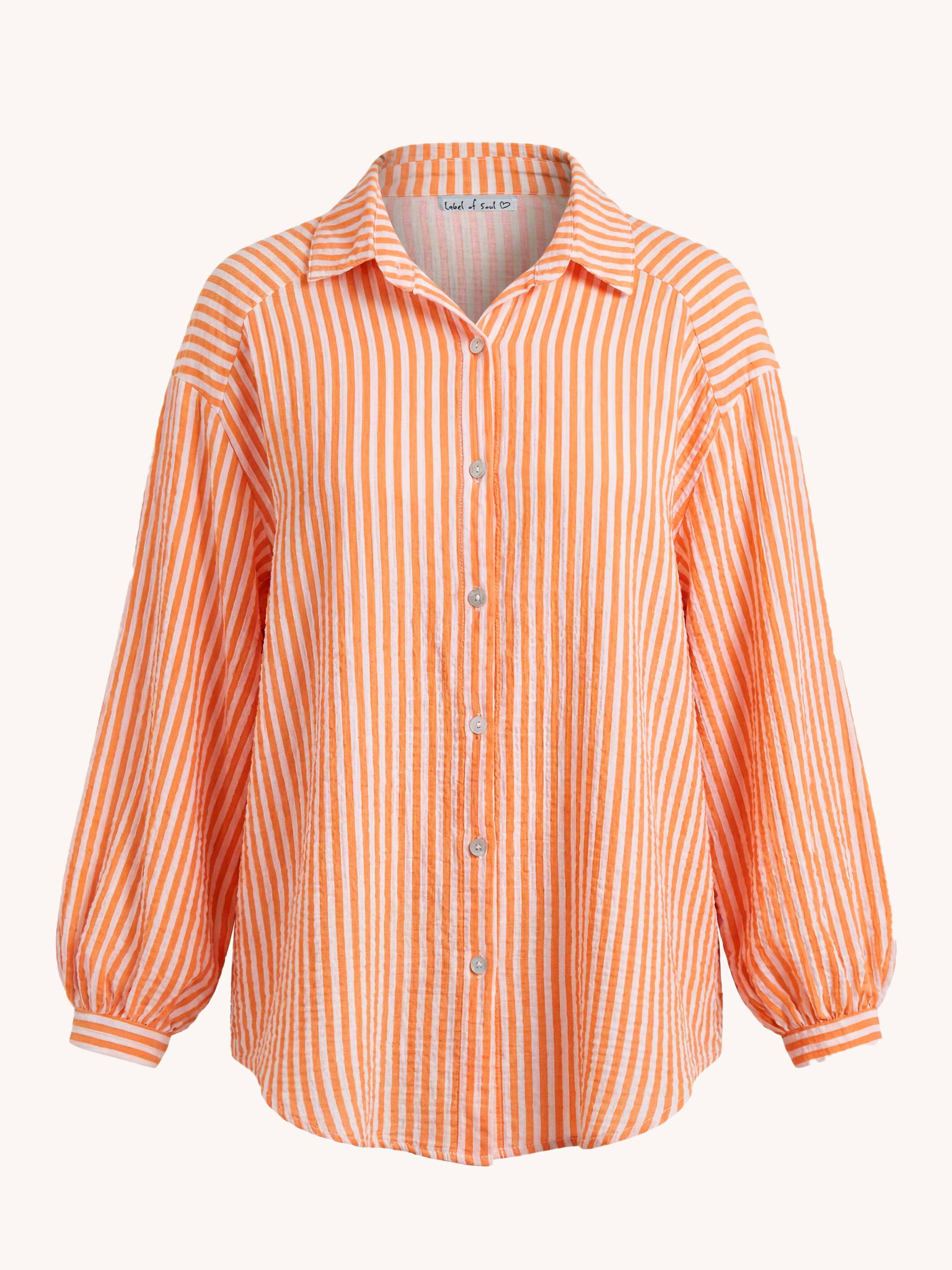 Musselin Midi Oversize Bluse - STRIPES - Orange/Weiss