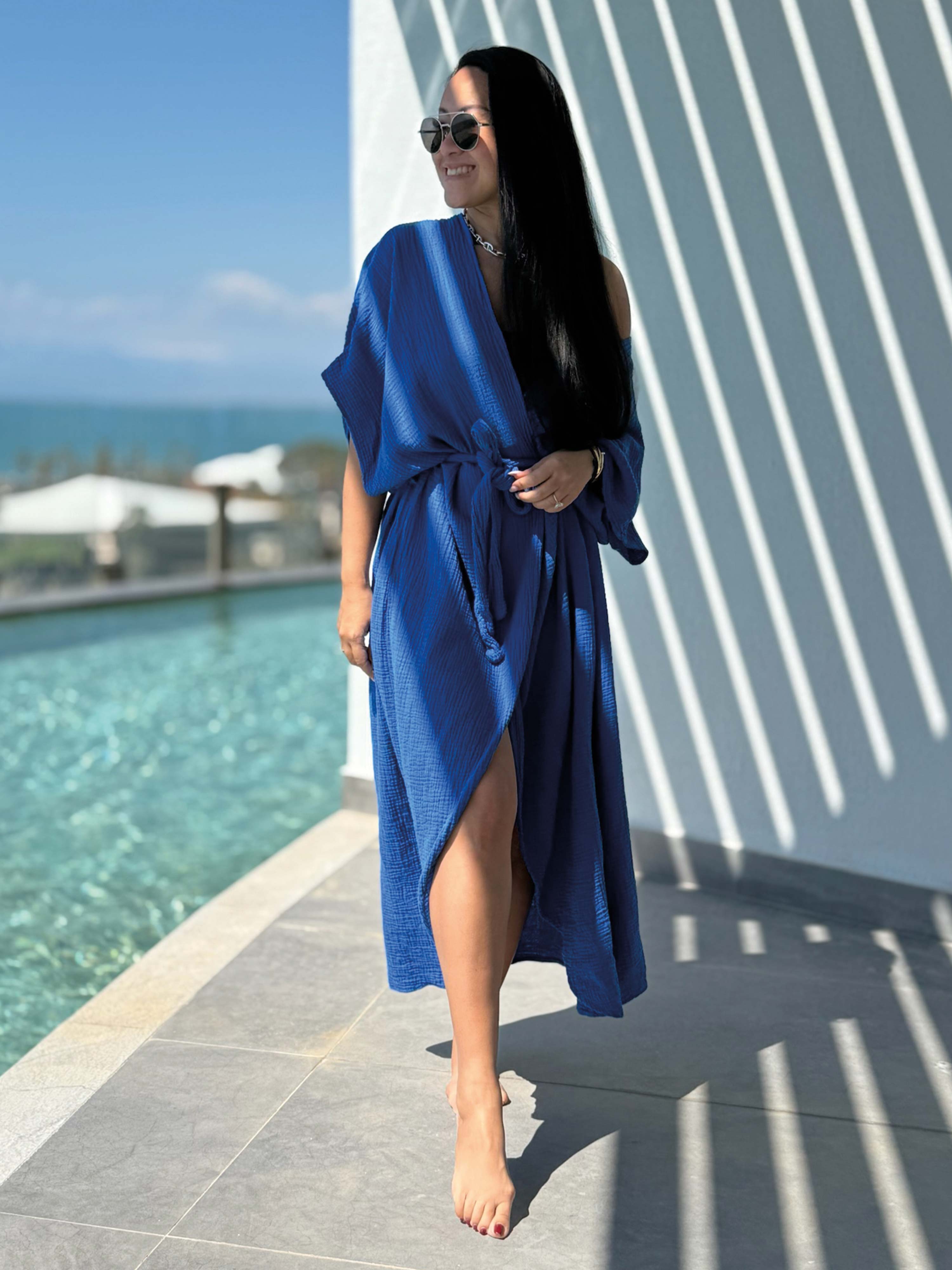 Musselin Wickel Kimono - CAPDEPERA - ONESIZE - Royalblau