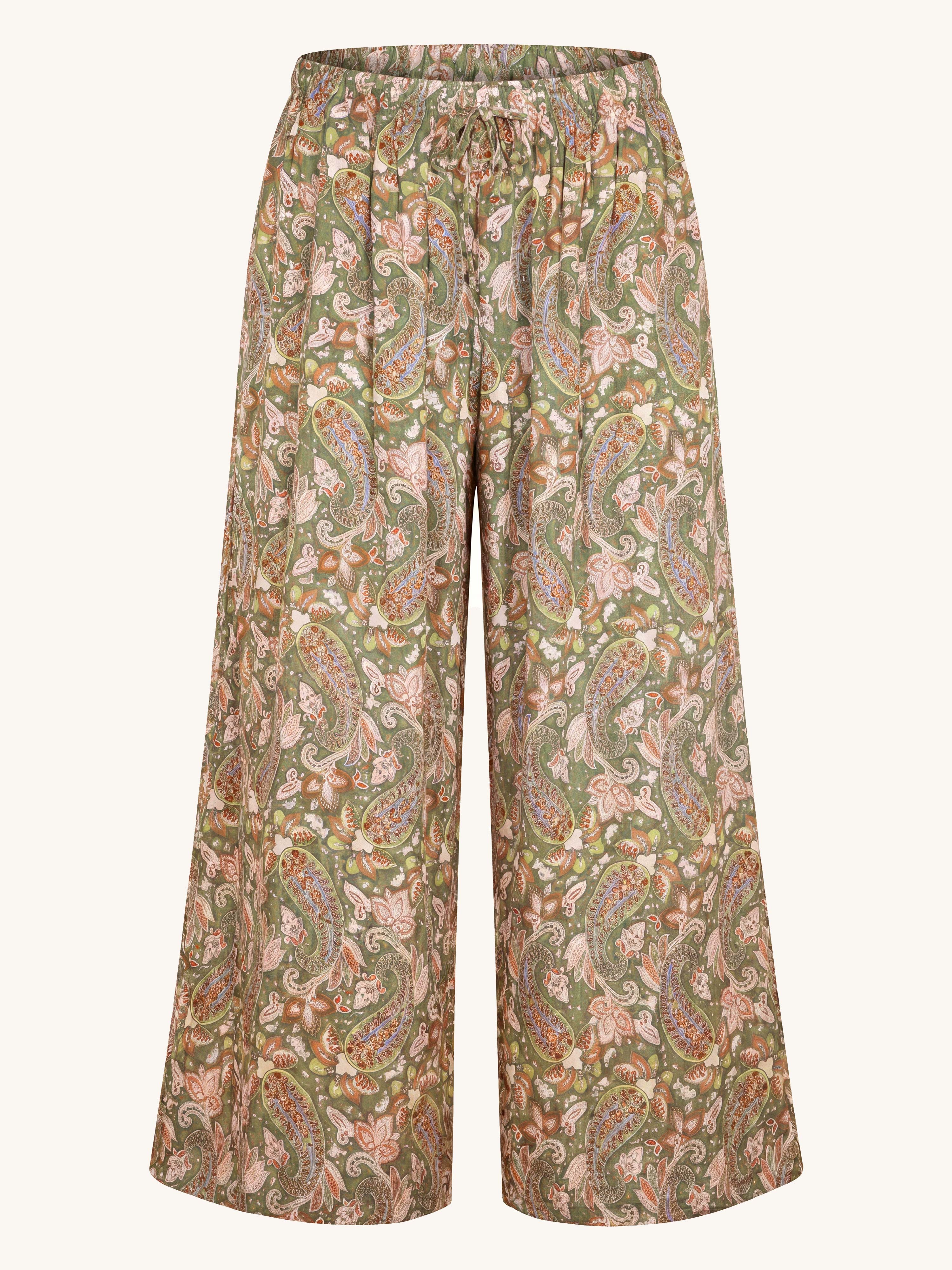 Viskose Palazzo Oversize Hose mit Seidenanteil - Paisley Olive