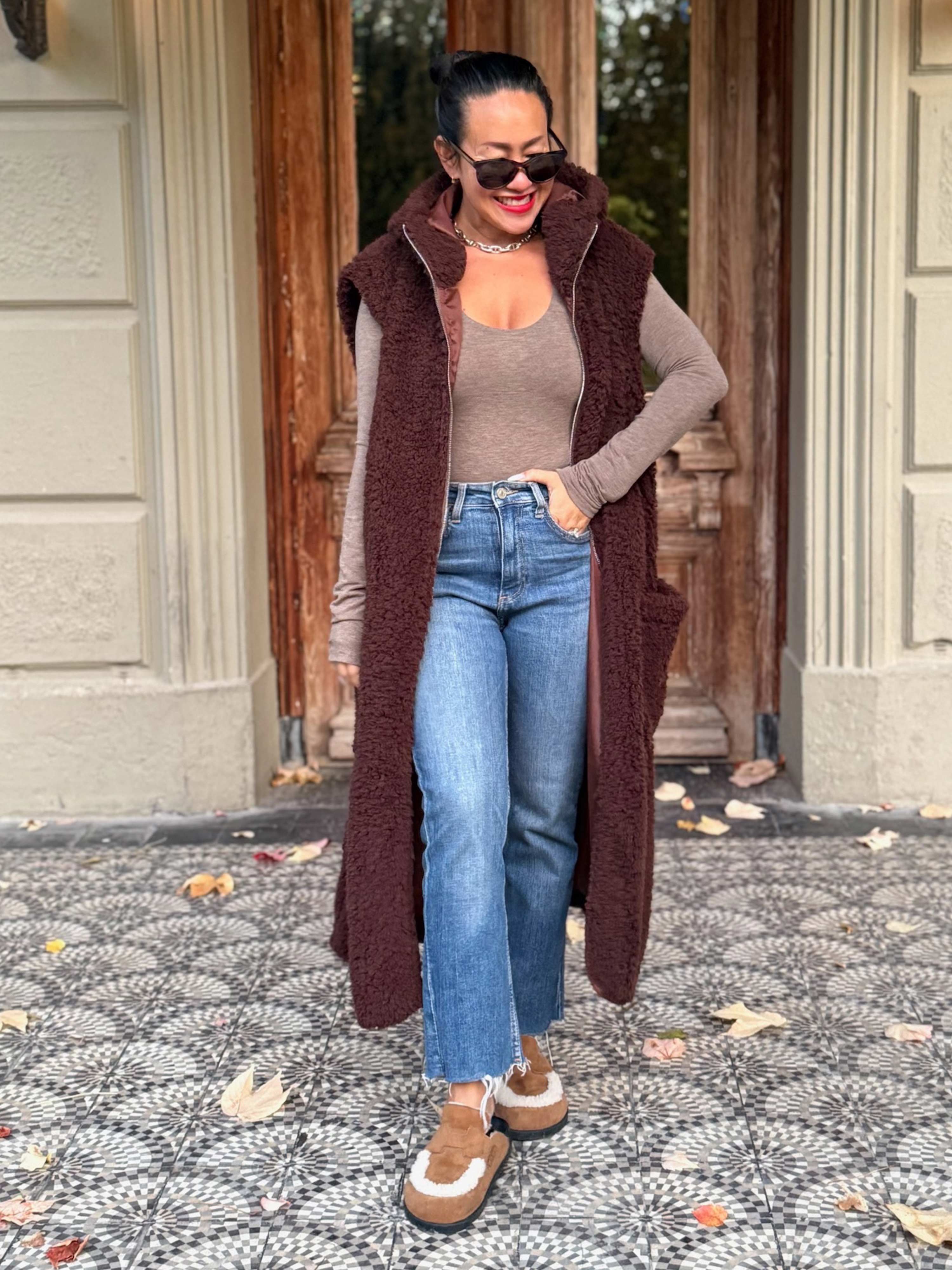 Teddylook Long Weste mit Kapuze - Schoko