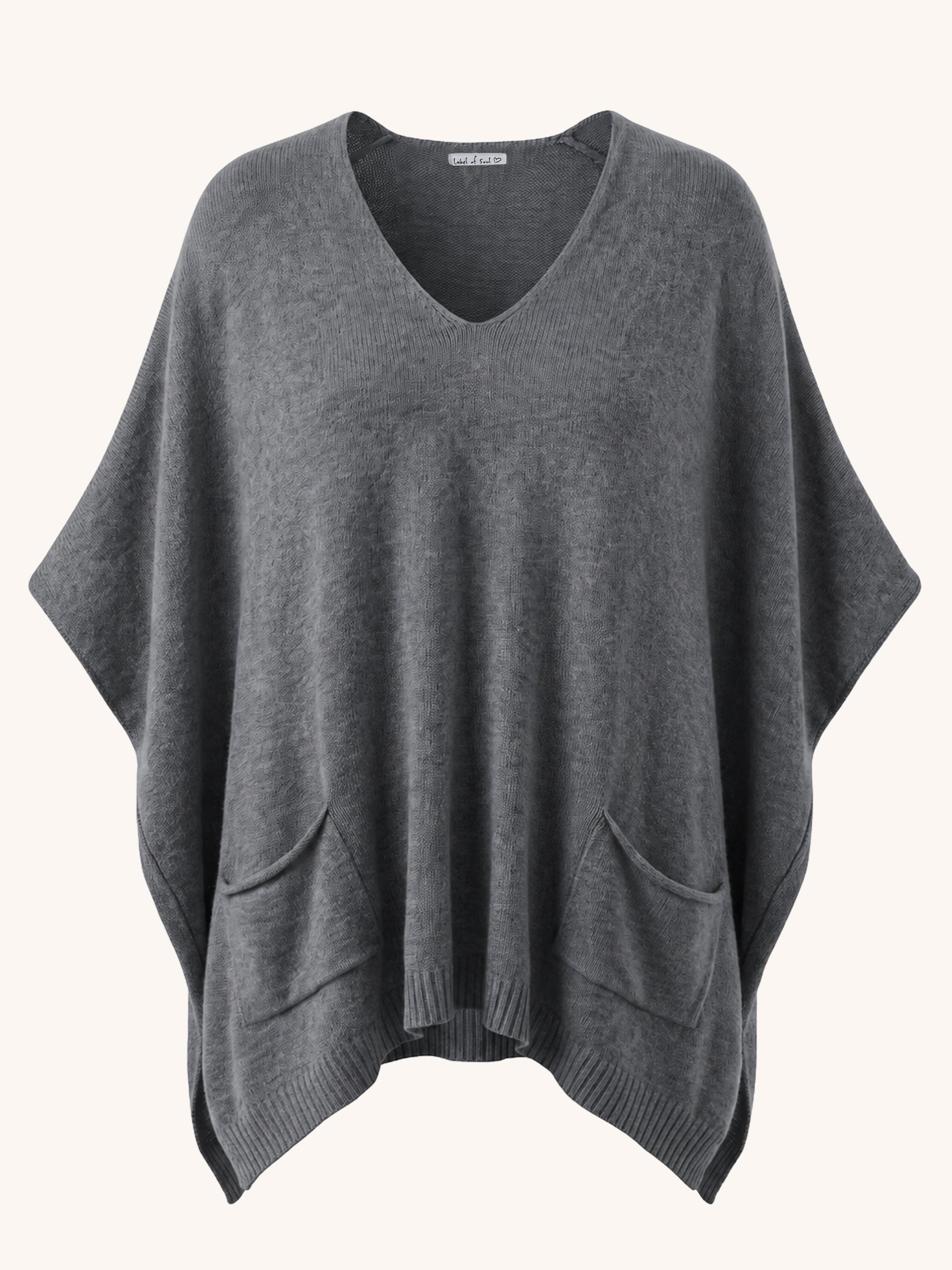 Oversize Viskose Strick Poncho mit V-Ausschnitt - Anthrazit