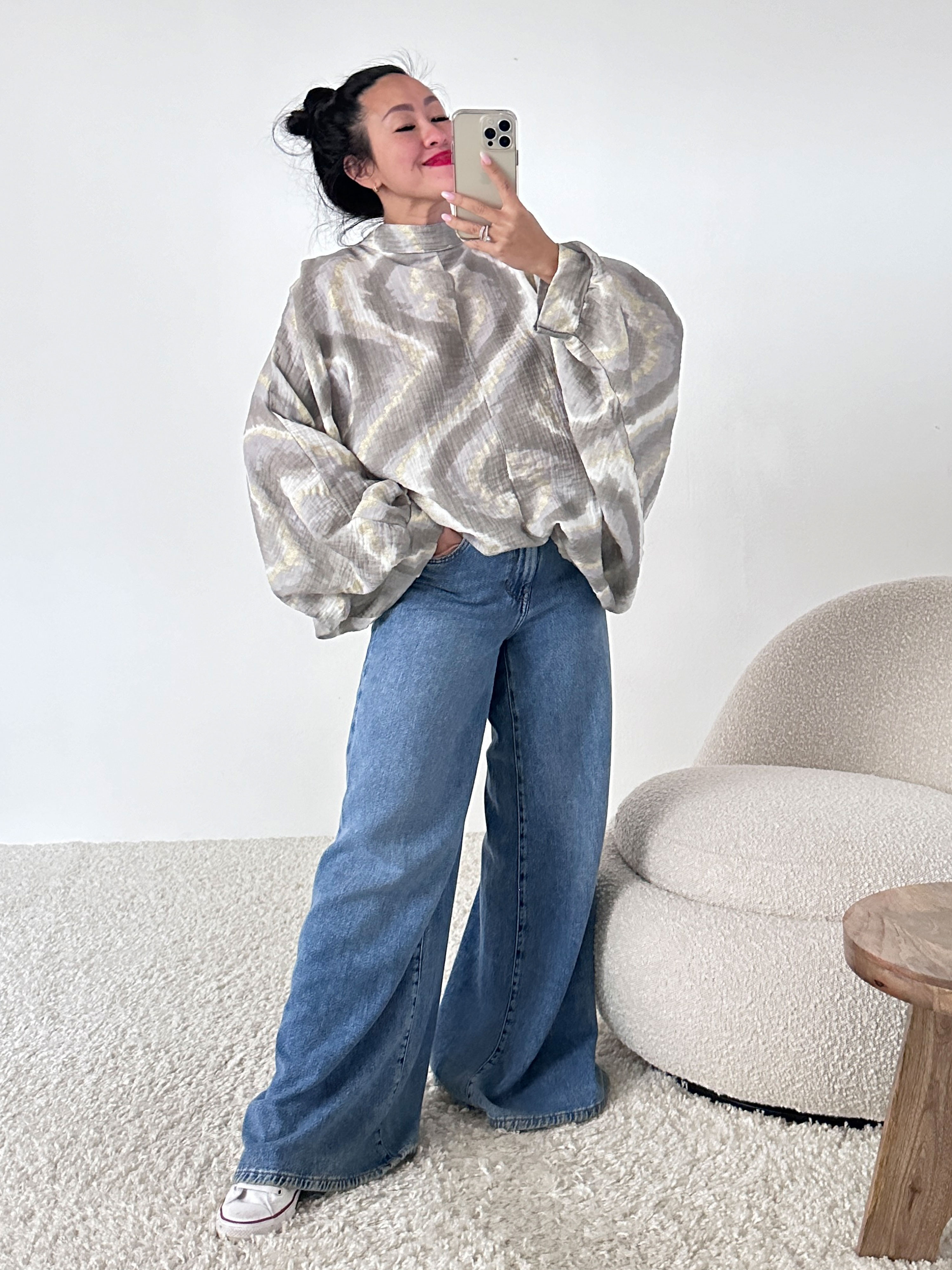 Musselin Oversize Bluse mit Glitzer - YASEMIN - Batik Grau