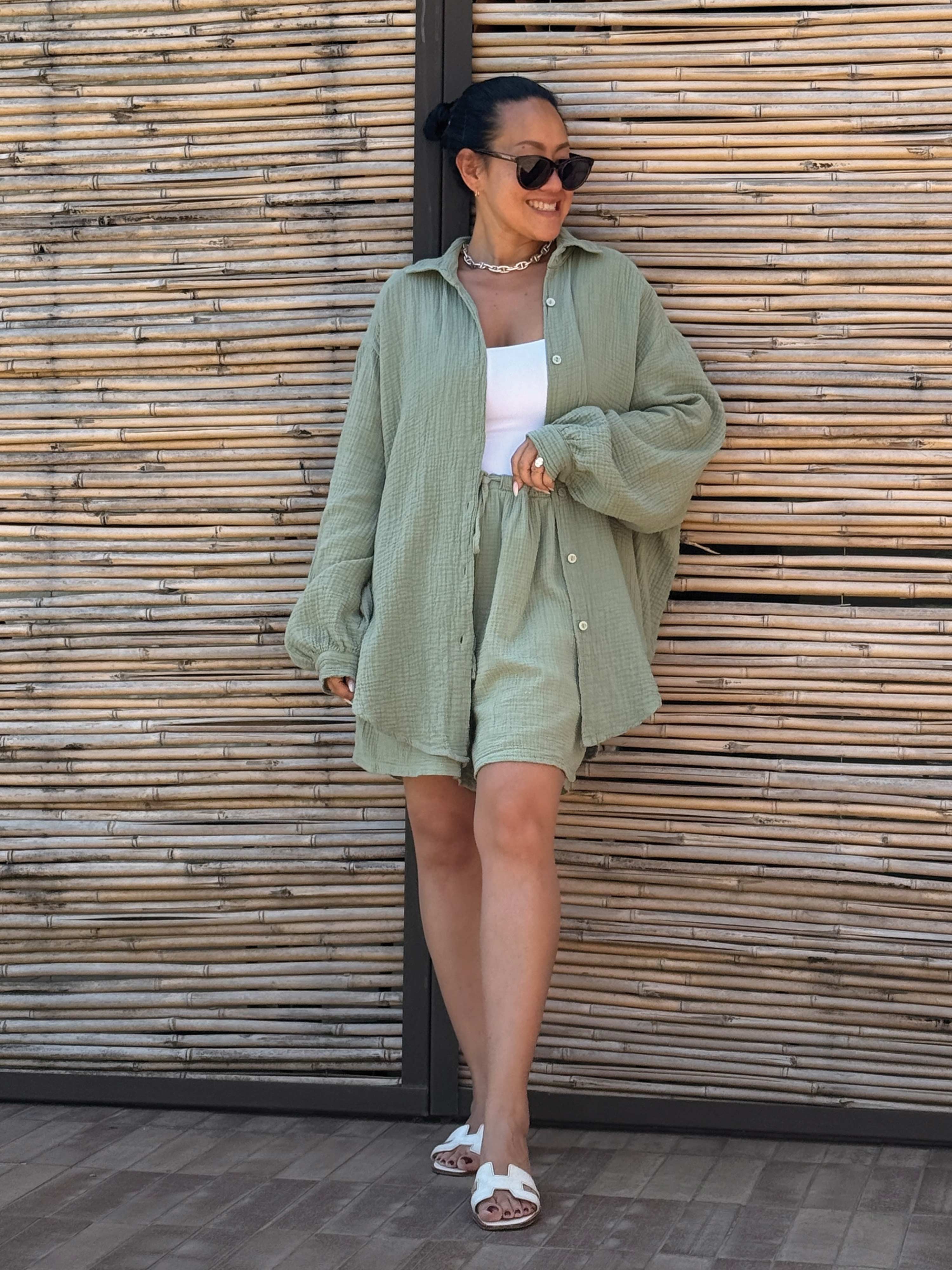 Musselin Midi Oversize Bluse - Matcha Musselin Midi Oversize Bluse - Matcha