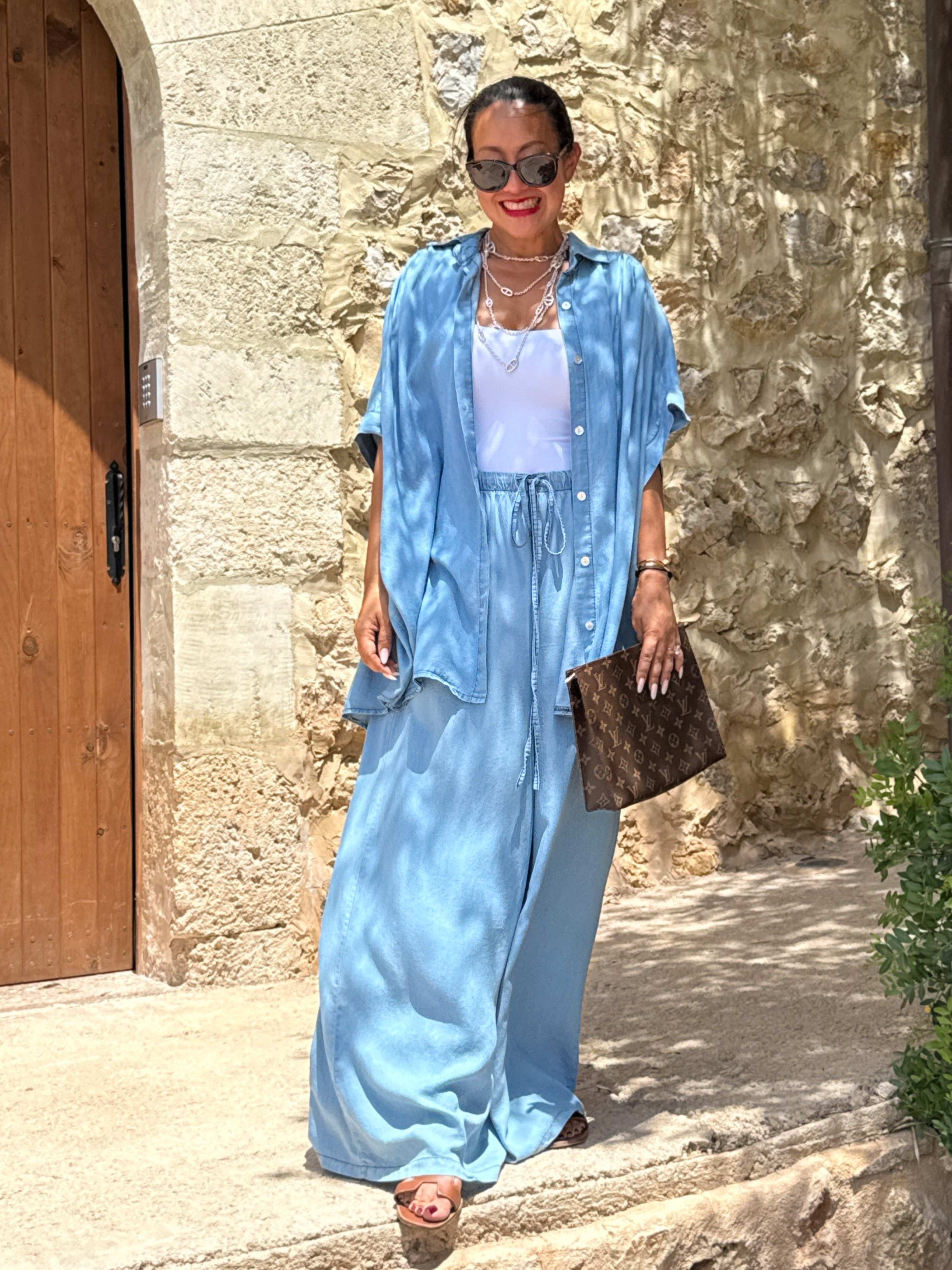 Leichte Lyocell Oversize Kurzarm Bluse MIDI - Blue Leichte Lyocell Oversize Kurzarm Bluse MIDI - Blue