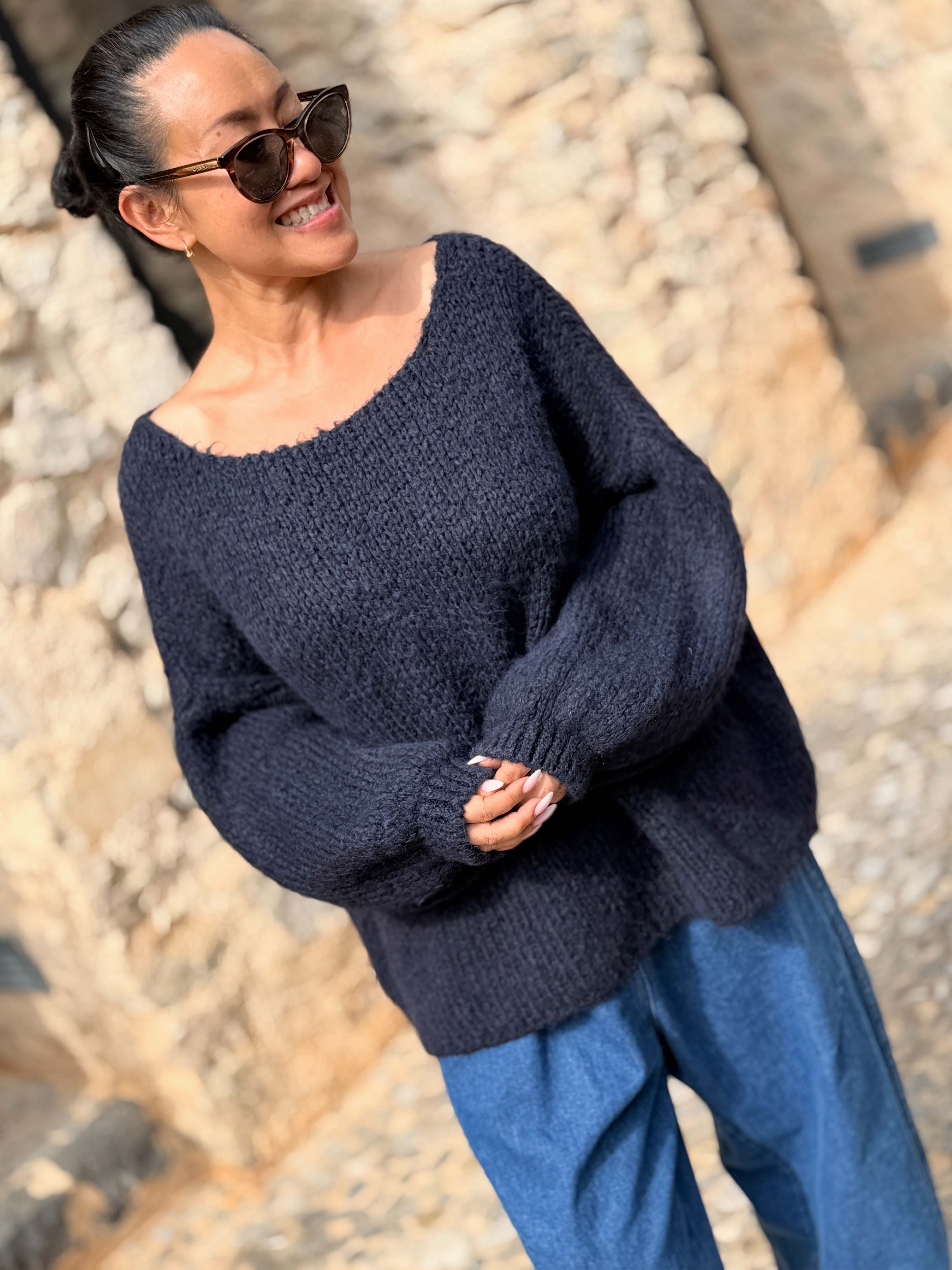 Oversize Cropped Strickpullover - FLAUSCHI - Navy