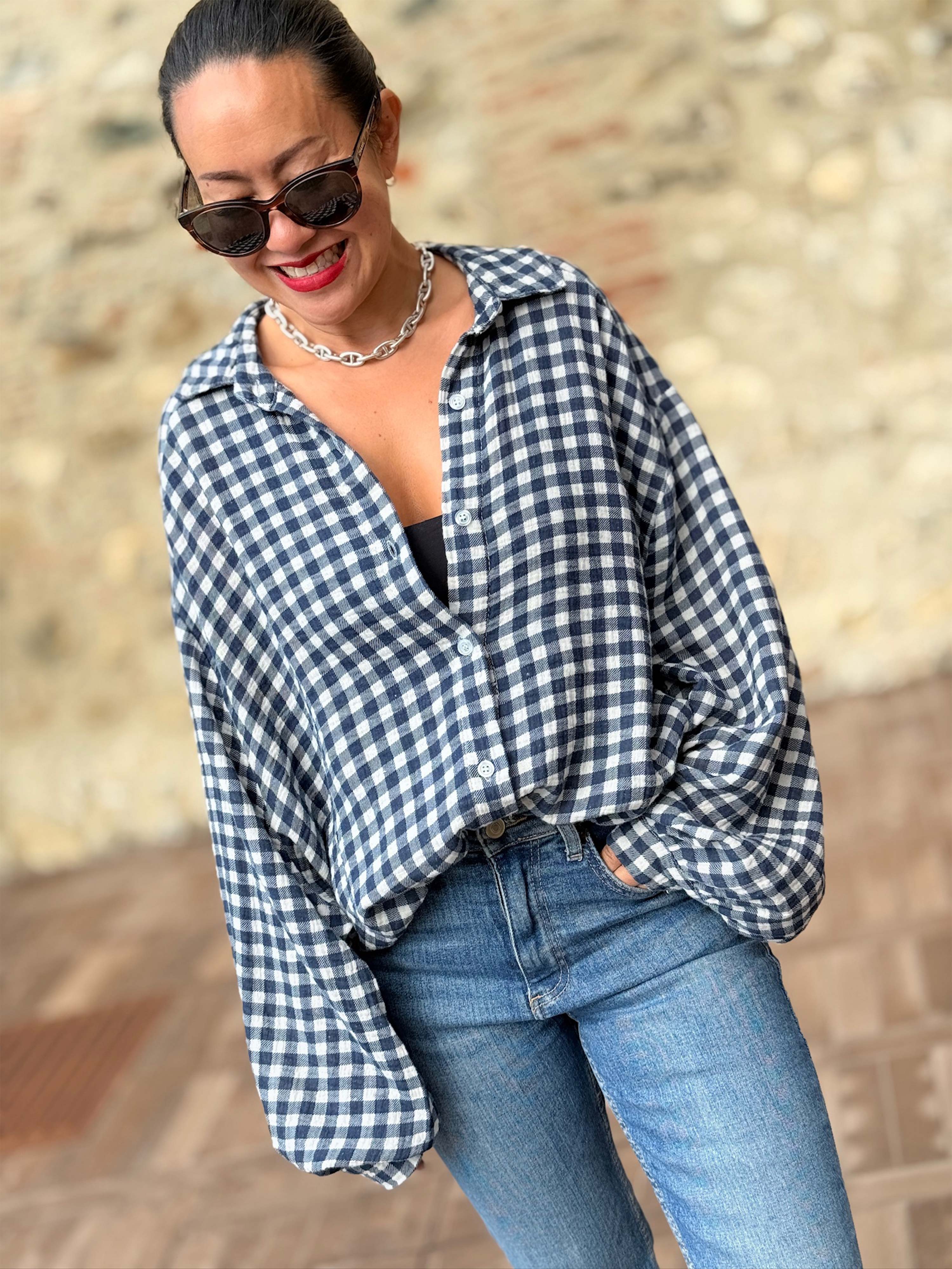 Musselin Long Oversize Bluse - Must Have - KARO Blau
