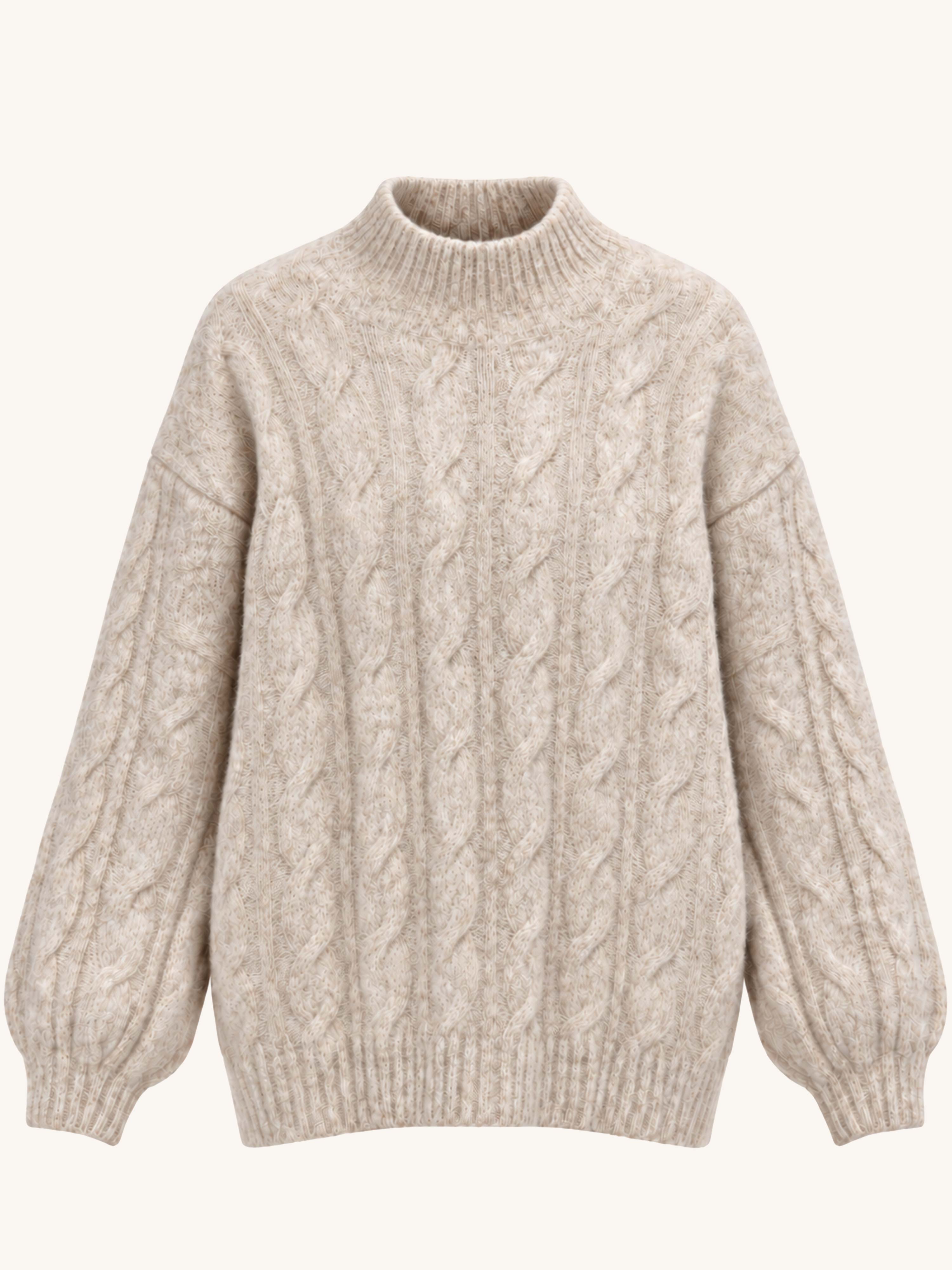 Soft Alpaka Zopf-Strickpullover mit Stehkragen - Oatmeal