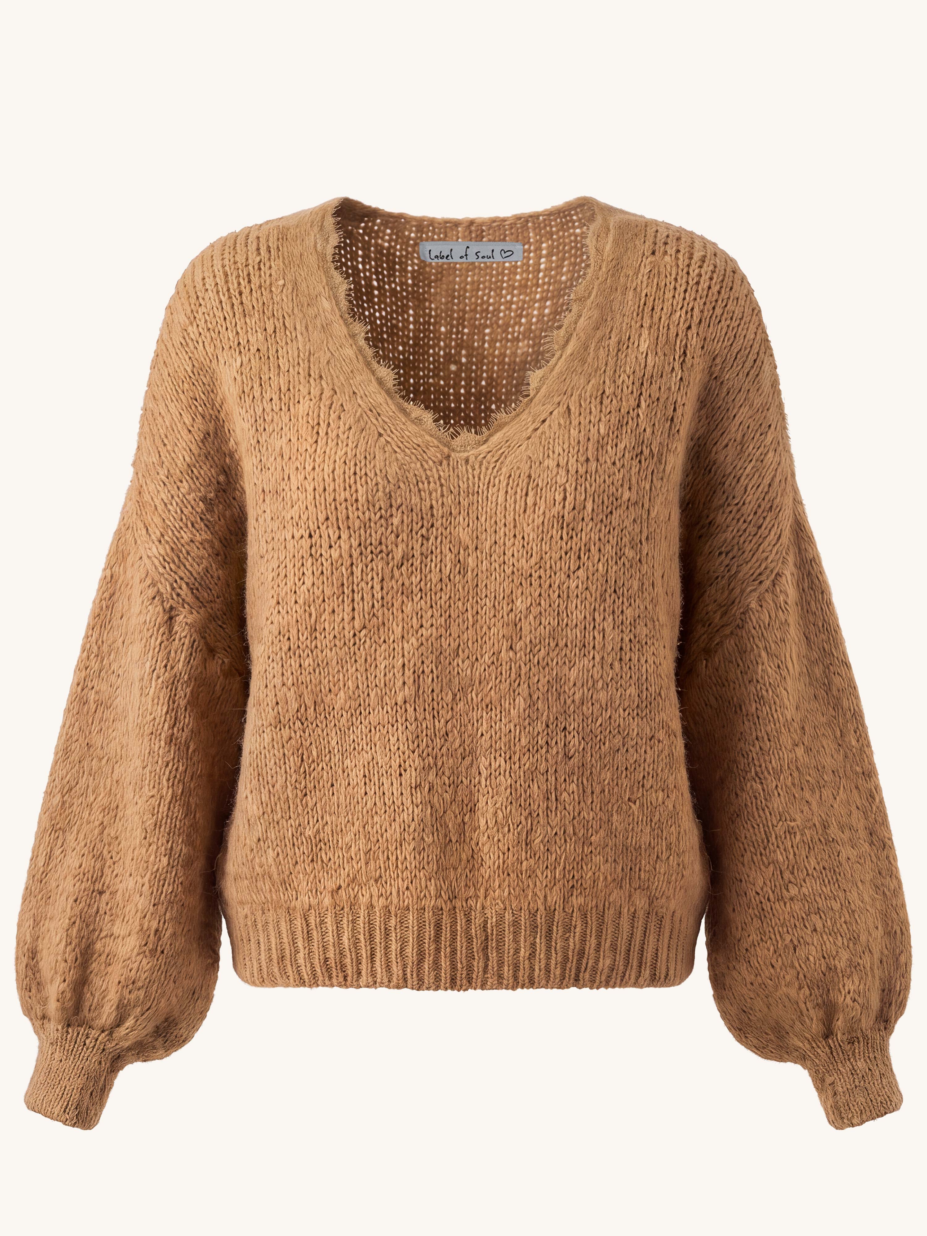 Oversize Strickpullover V-Ausschnitt mit Spitze - FLAUSCHI - Camel
