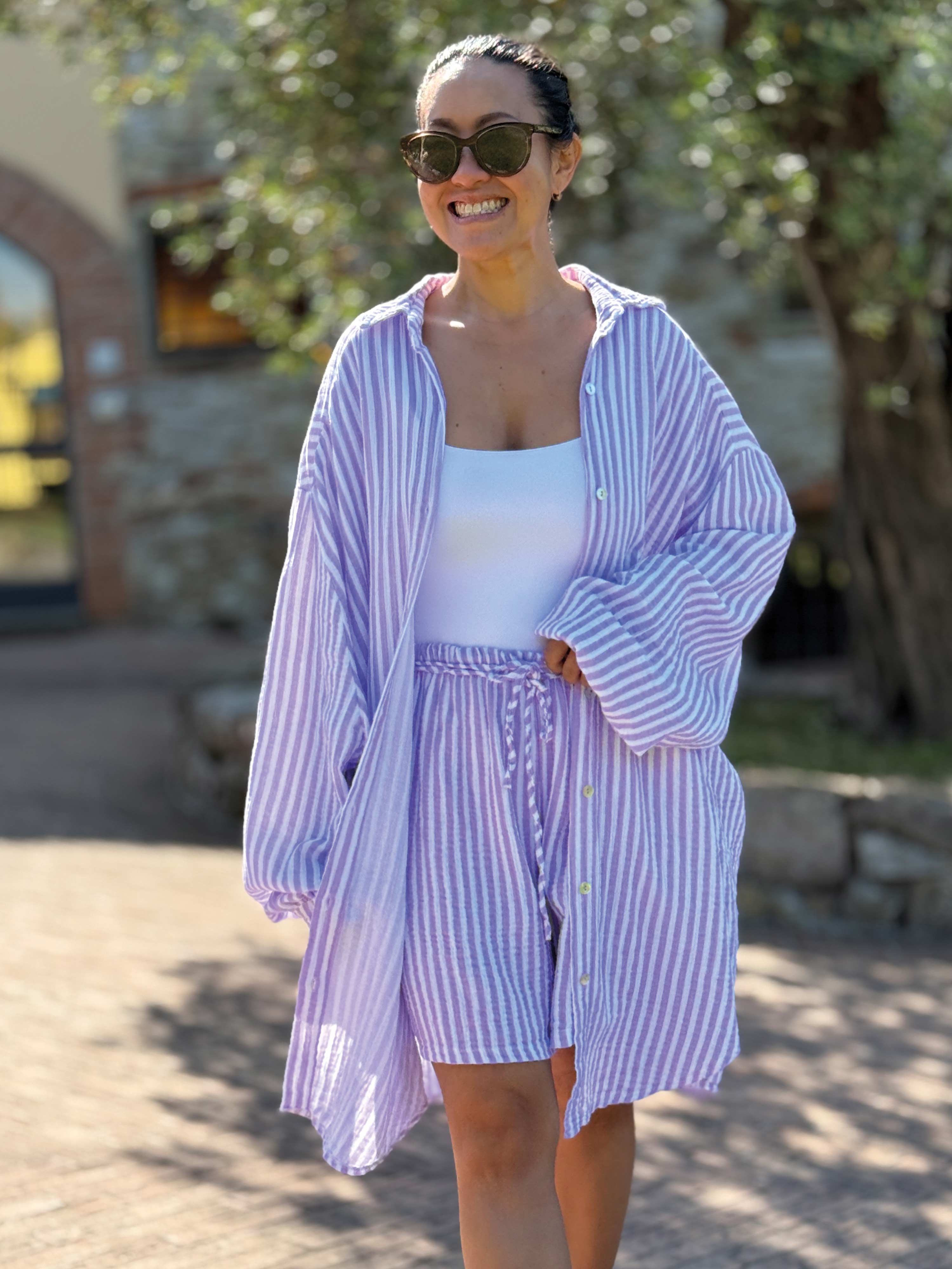 Musselin Bermuda Shorts - SUMMER BREEZE - Stripes Flieder