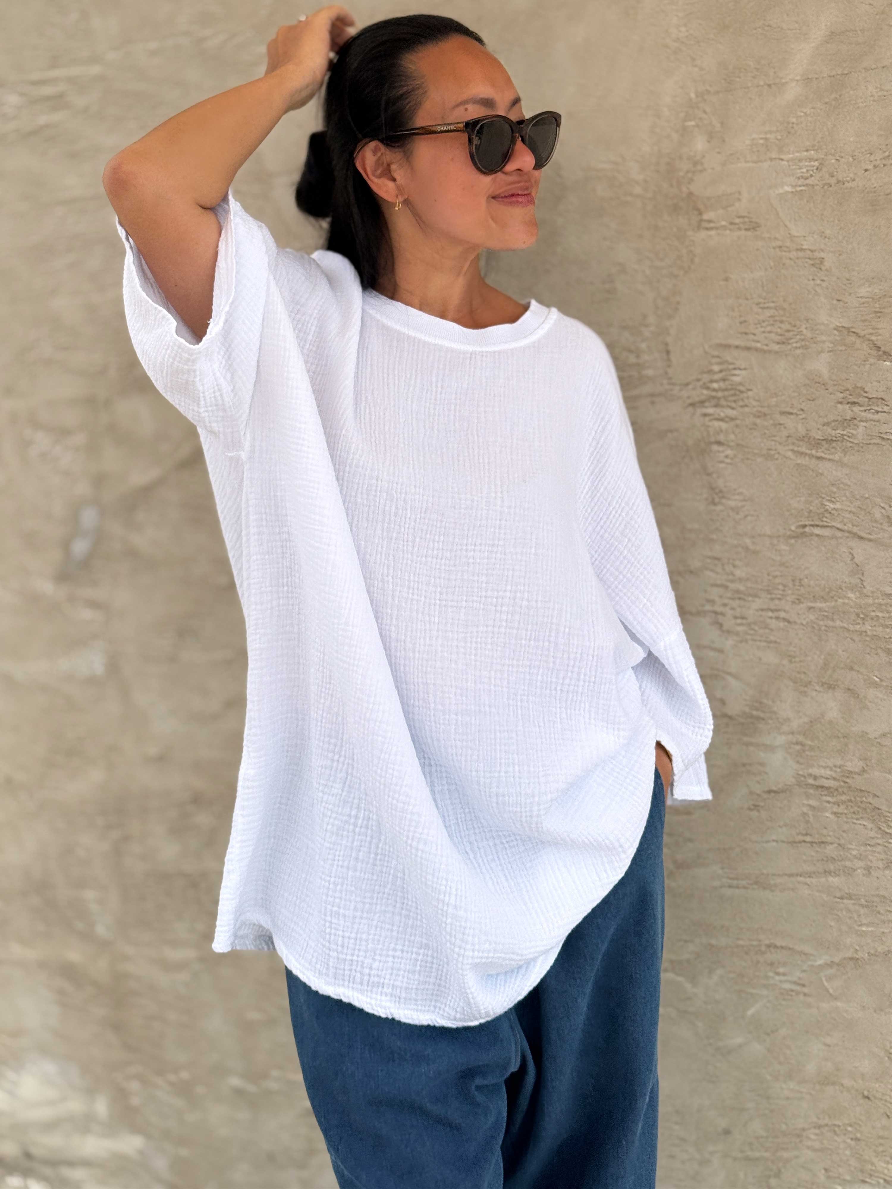 Musselin Oversize Kurzarm Shirt - Weiss Musselin Oversize Kurzarm Shirt - Weiss