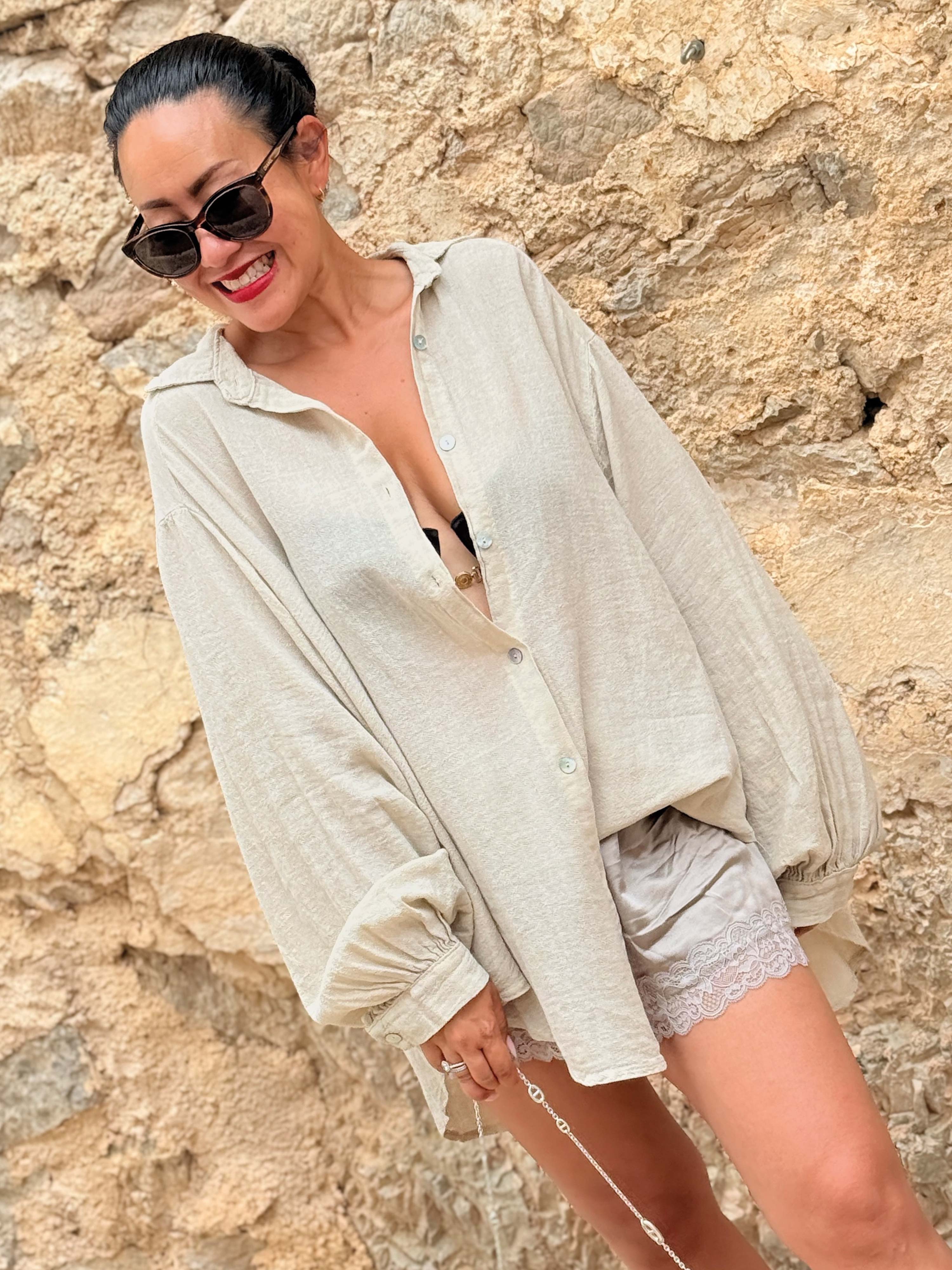 Cotton Midi Oversize Bluse - Beige Cotton Midi Oversize Bluse - Beige