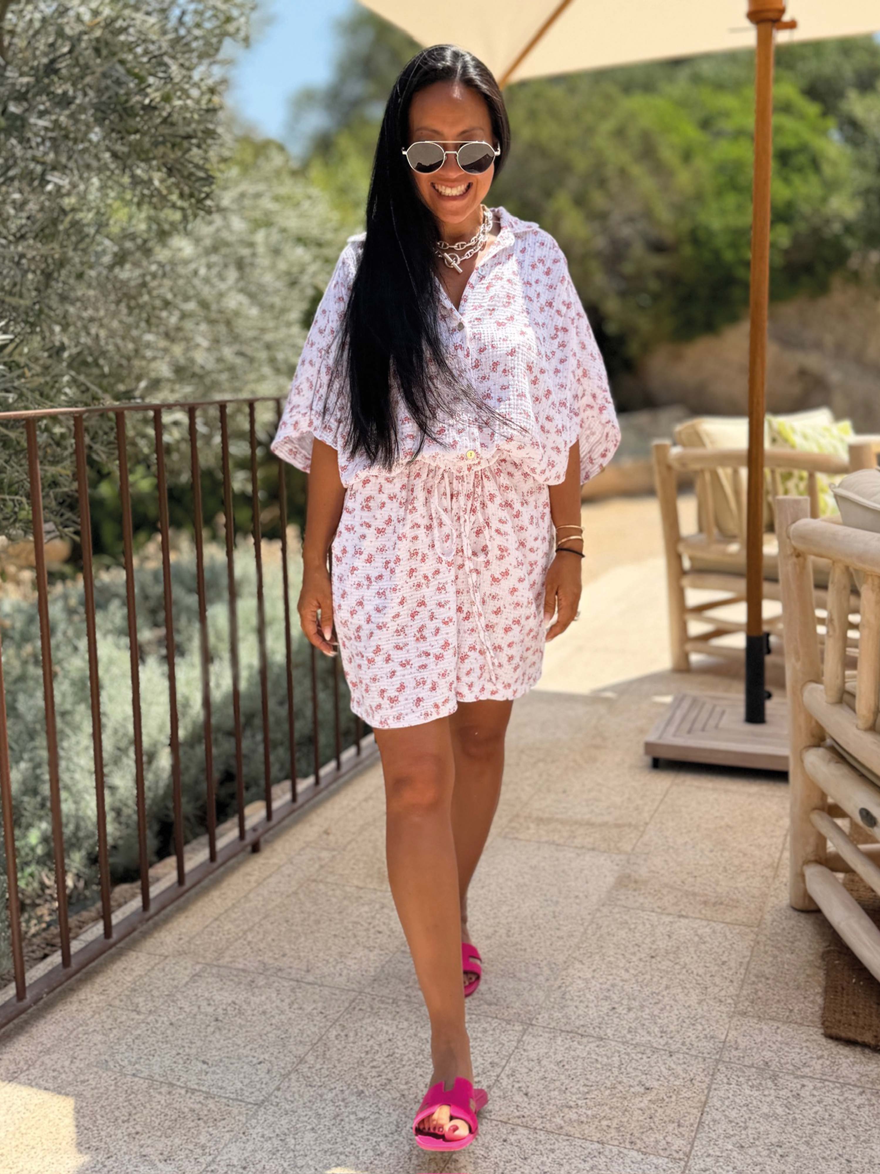 Musselin Oversize Kurzarm Bluse Long - Bloomy