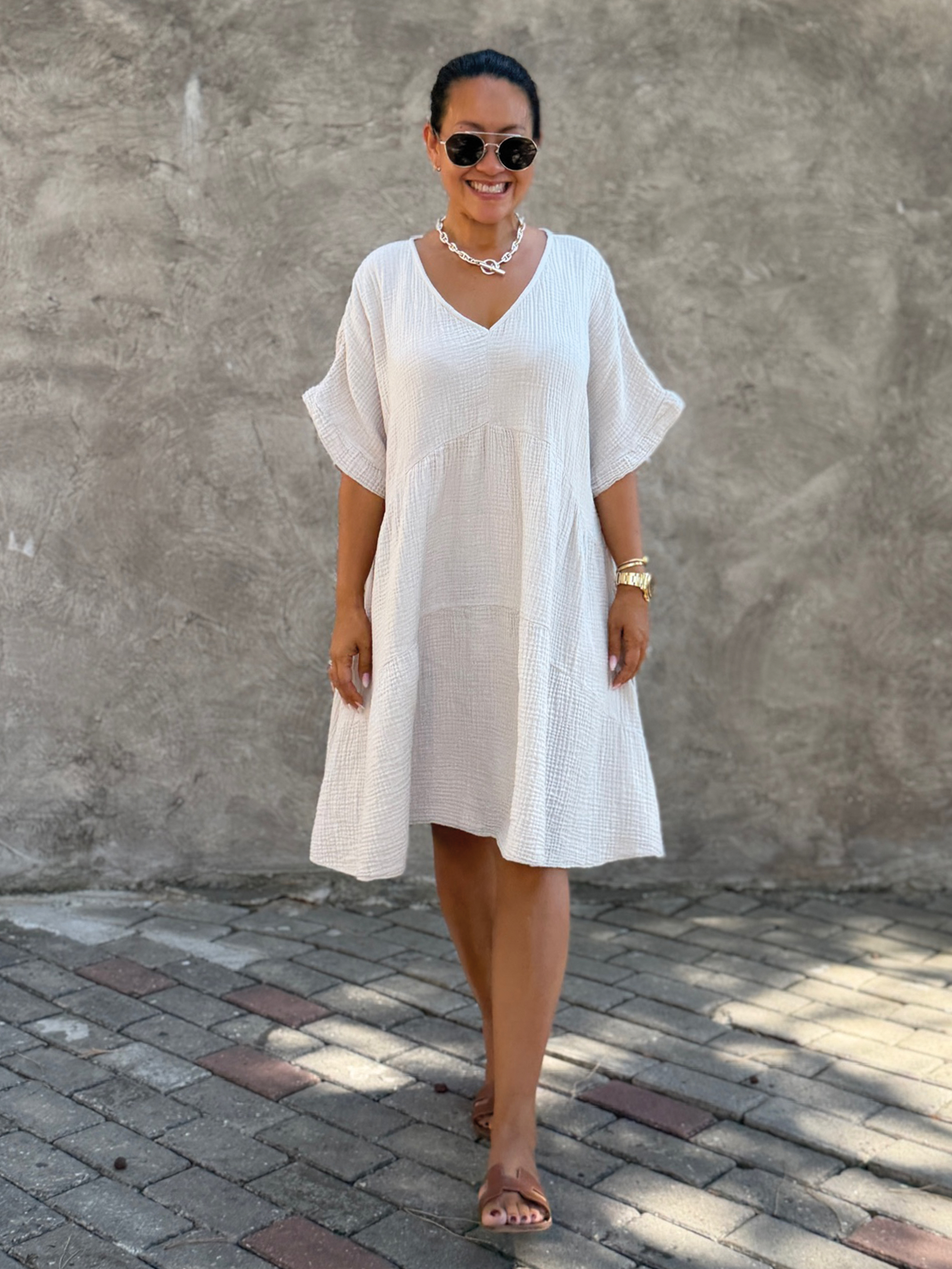 Musselin Tunika Midi mit V-Ausschnitt - Beige
