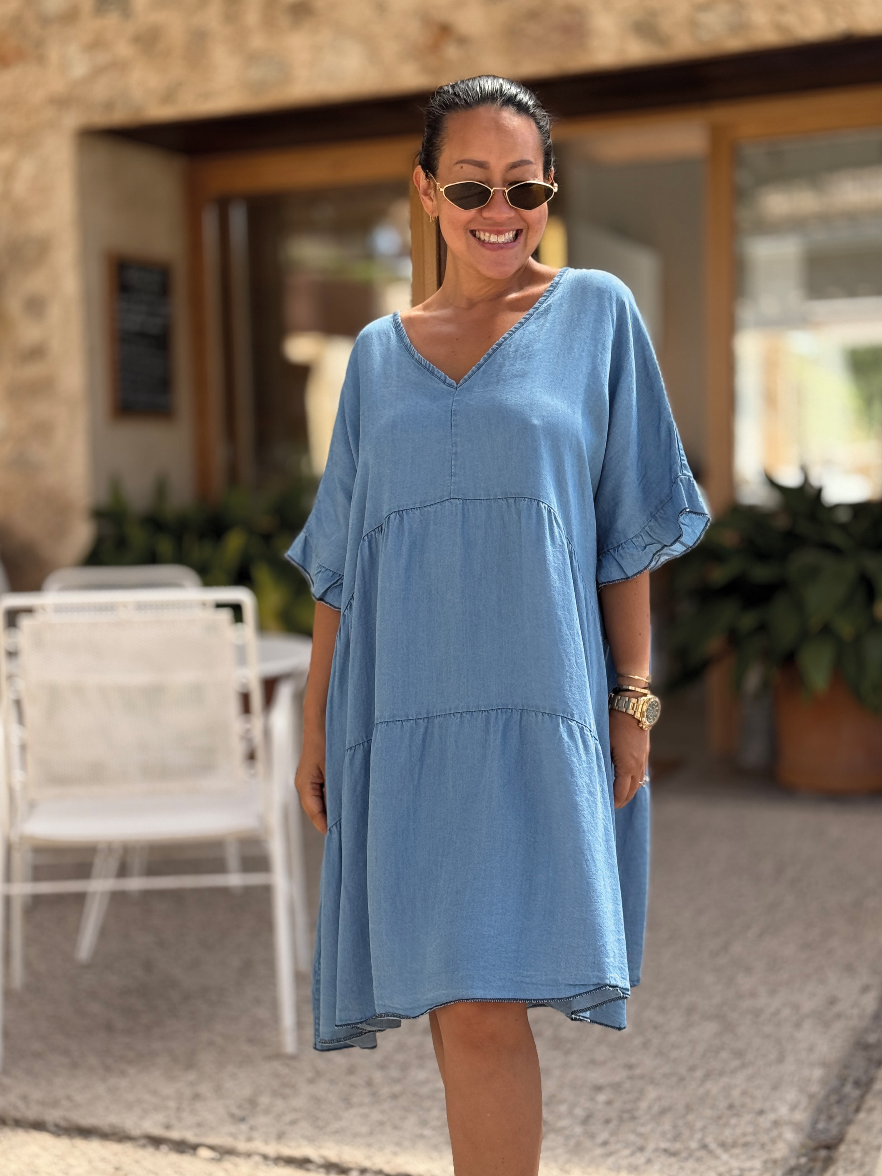 Leichte Lyocell Tunika Midi mit V-Ausschnitt - Blue Leichte Lyocell Tunika Midi mit V-Ausschnitt - Blue