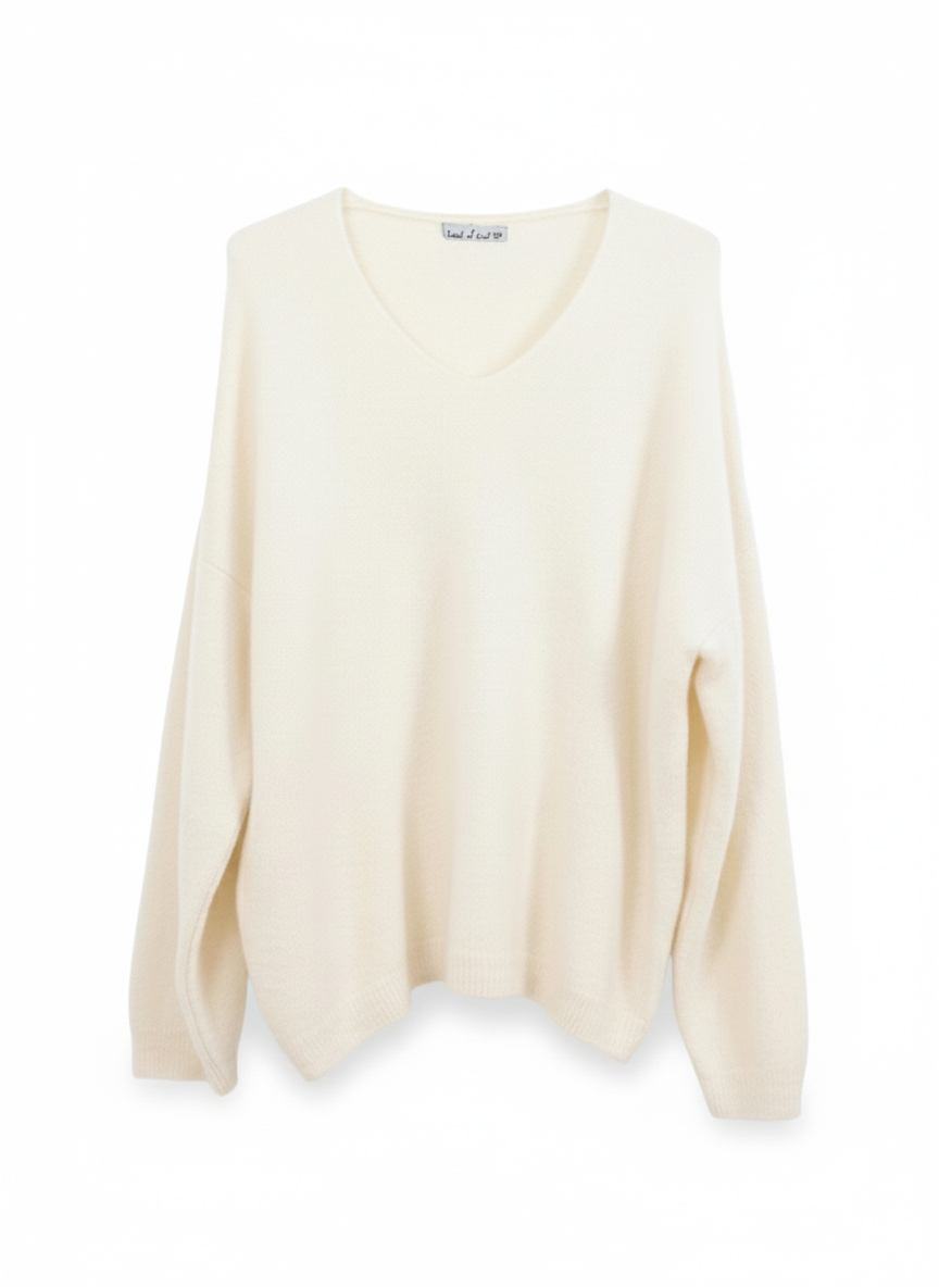 V-Ausschnitt Strickpullover mit Alpakawollanteil - Creme