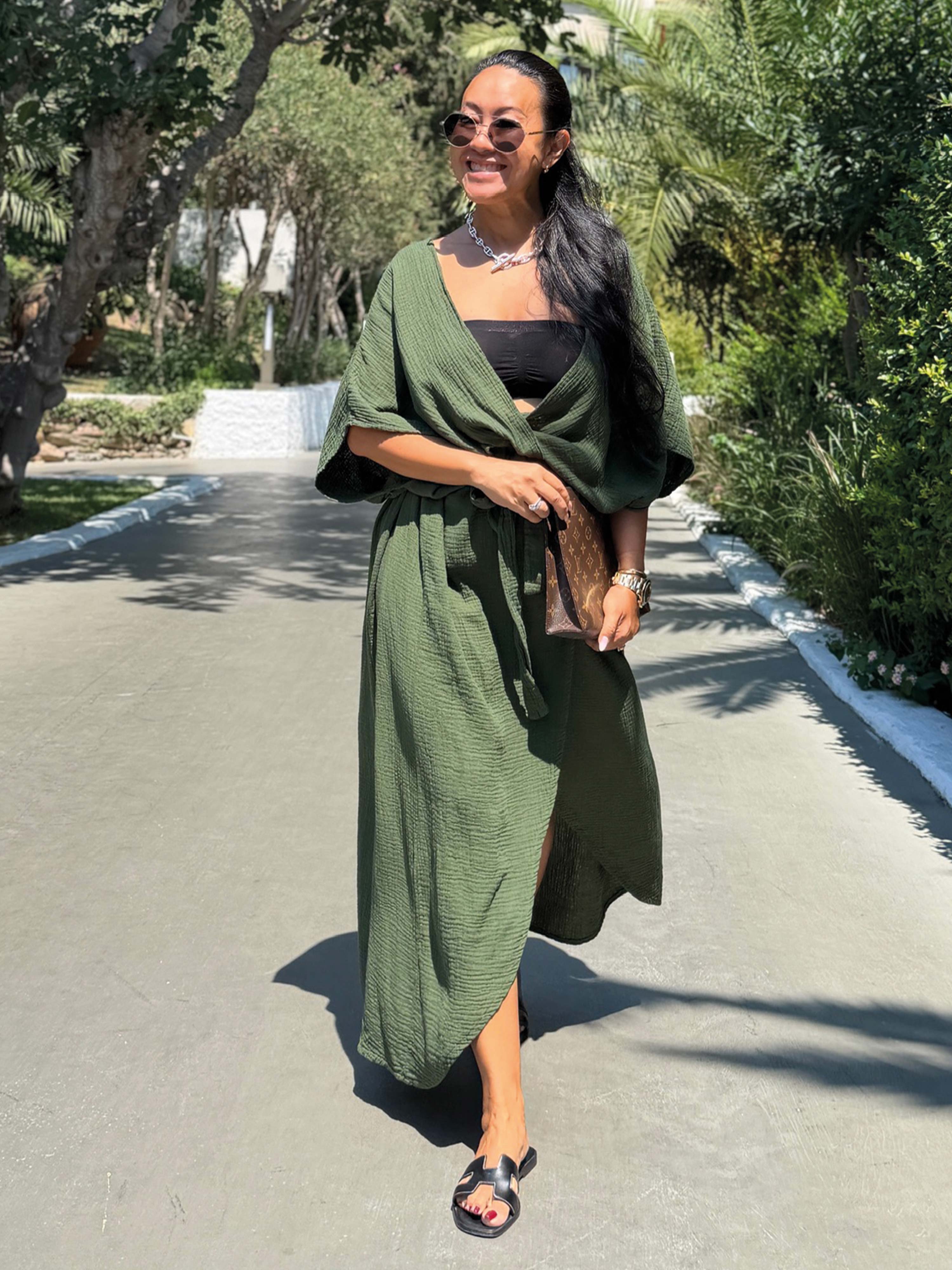 Musselin Wickel Kimono Kleid - CAPDEPERA - ONESIZE - Olive