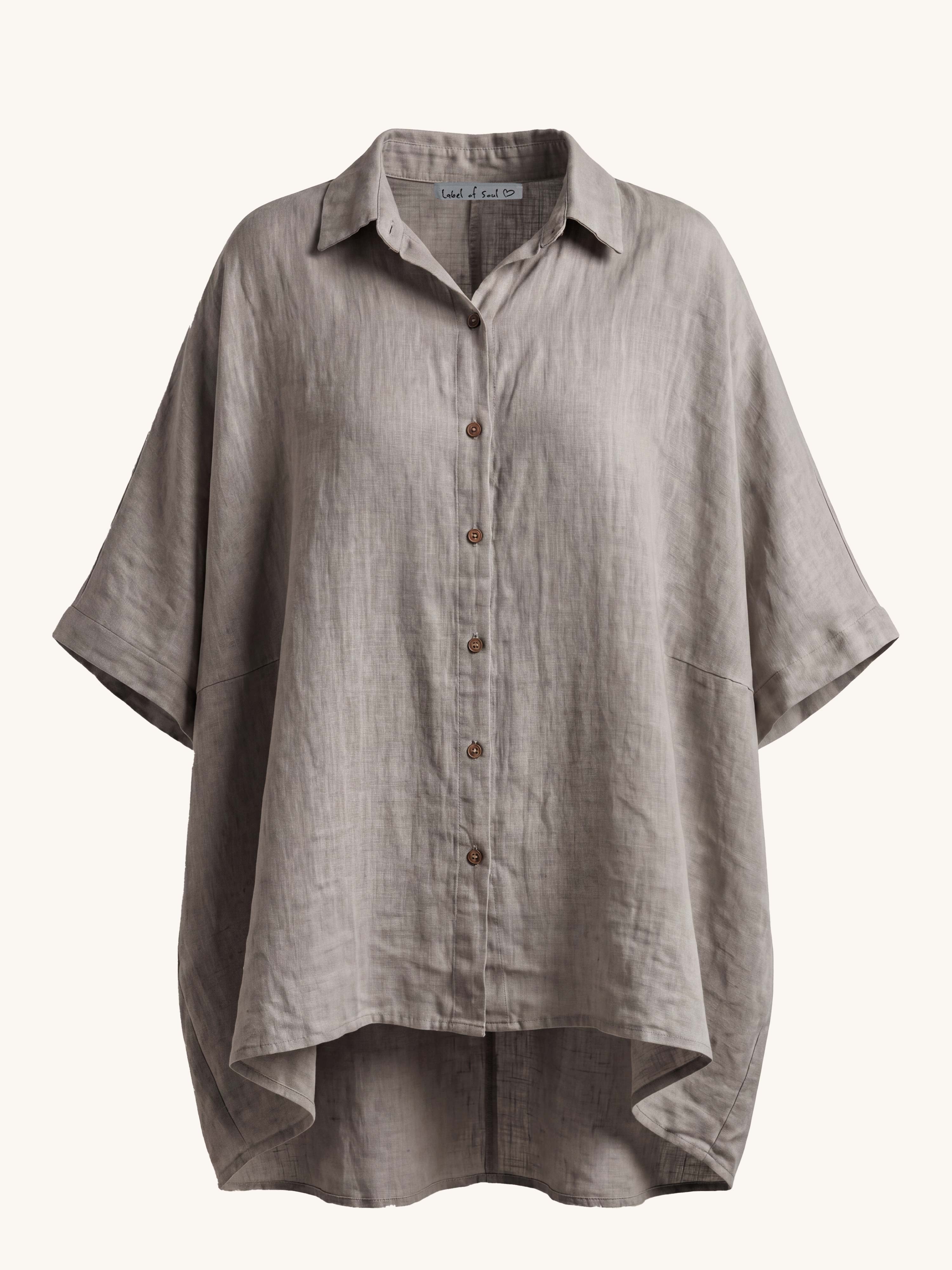 Leinen Oversize Vokuhila Kurzarm Bluse - Taupe