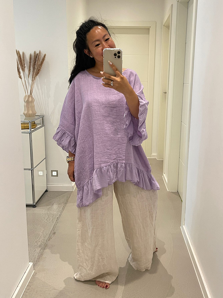 11015-Flieder-3 Leinen Oversize Bluse mit Volant - Flieder