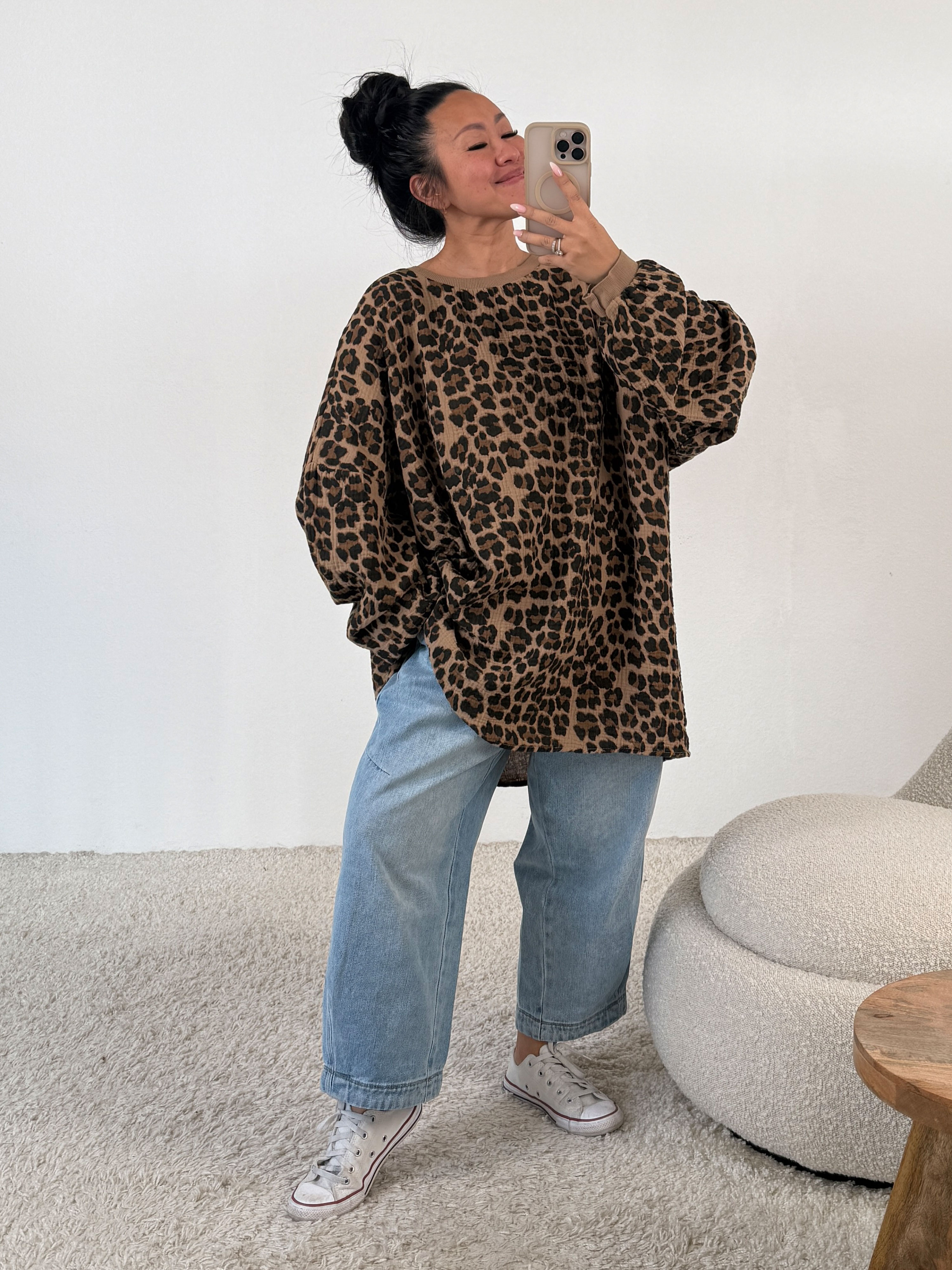 Musselin Oversize Sweatshirt - LEOPARD - Camel