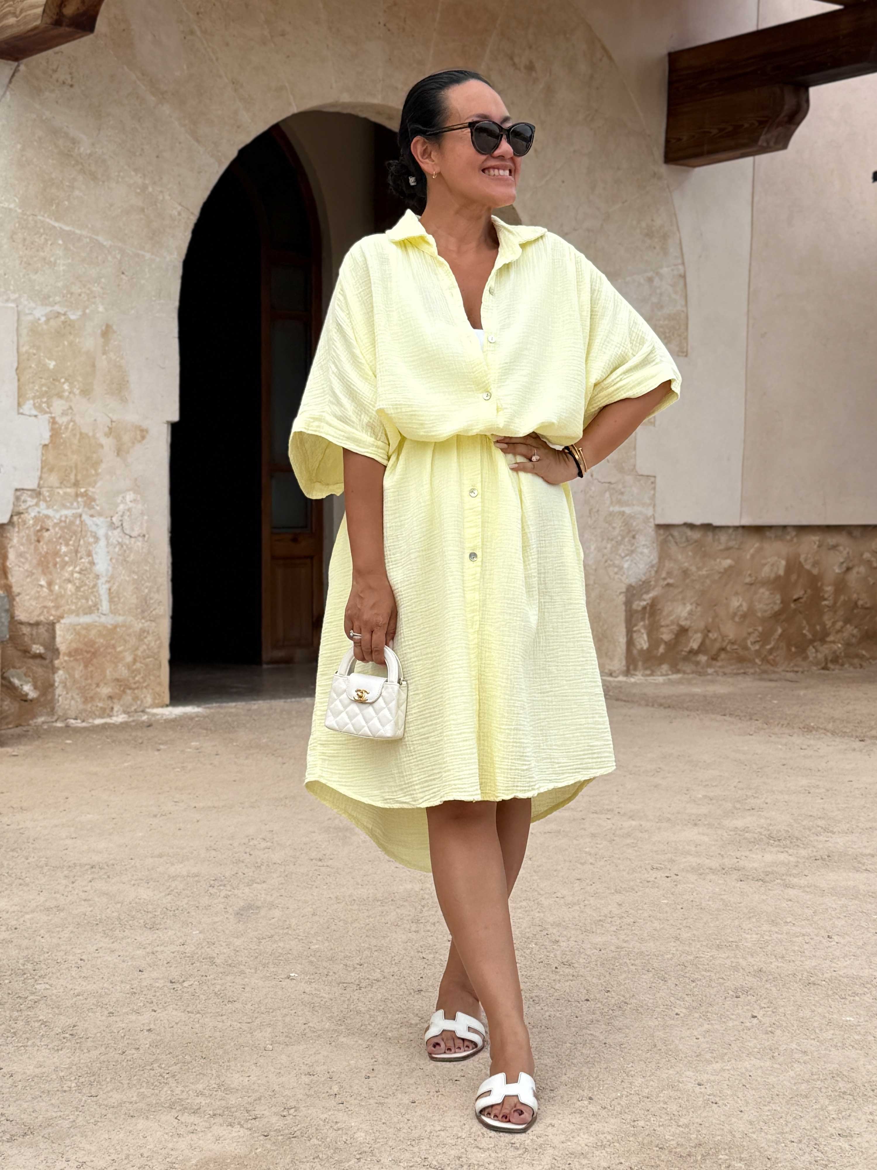 Musselin Oversize Kurzarm Blusenkleid - LANA - Butter Yellow