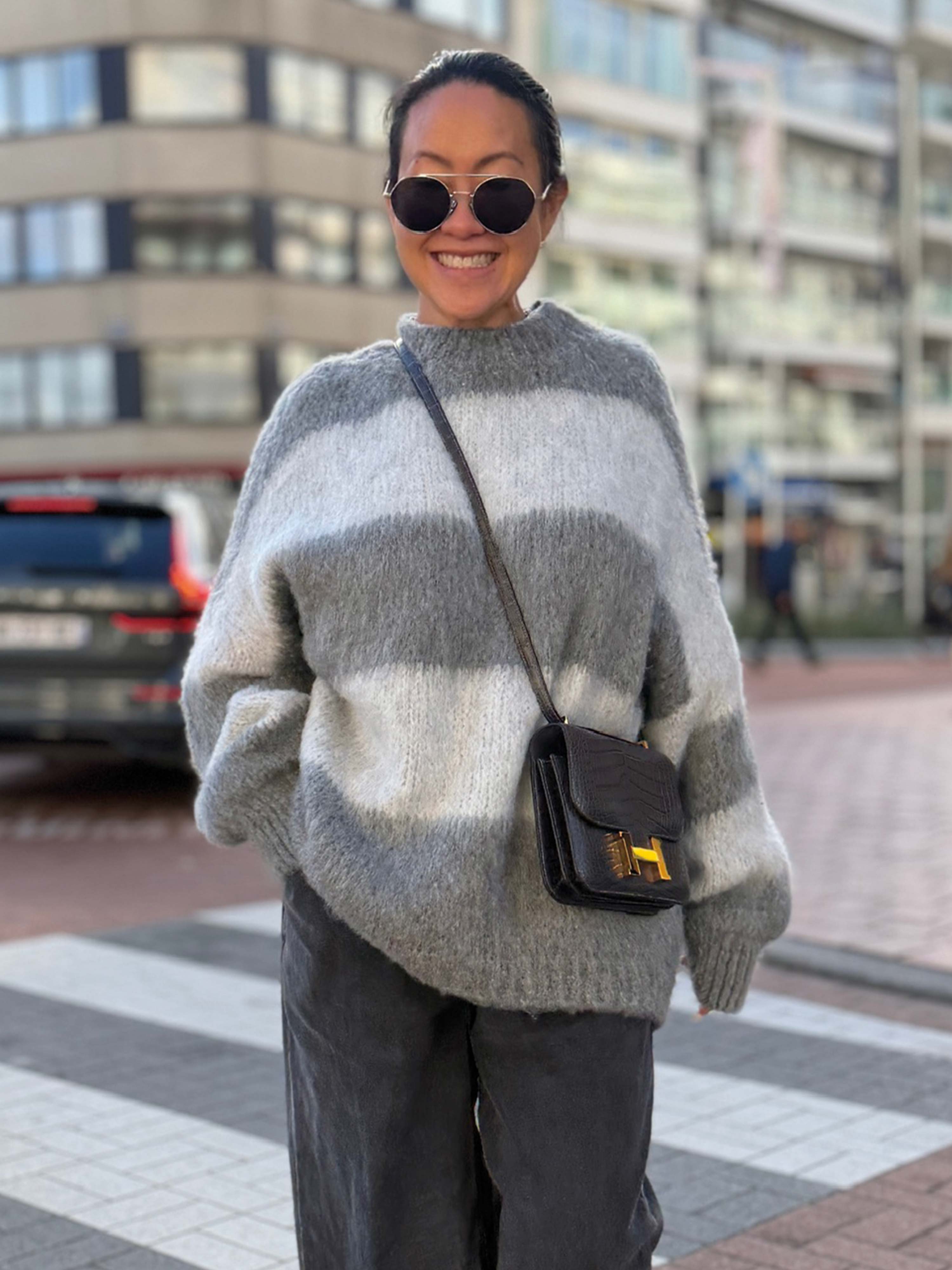 Oversize Strickpullover mit Stehkragen FLUFFY - STRIPES - Anthrazit/Grau