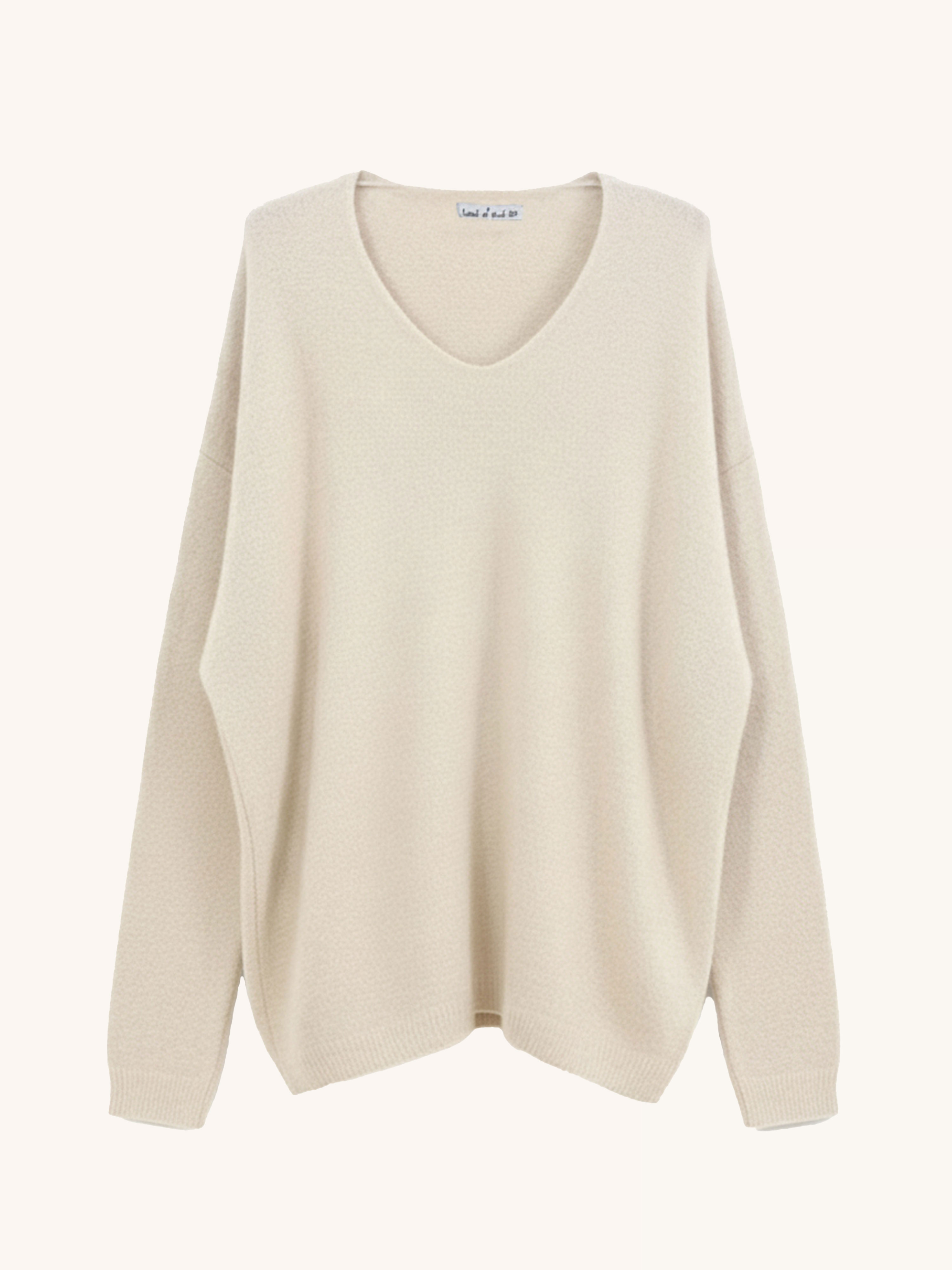 Feiner V-Ausschnitt Strickpullover mit Alpakawollanteil - Beige