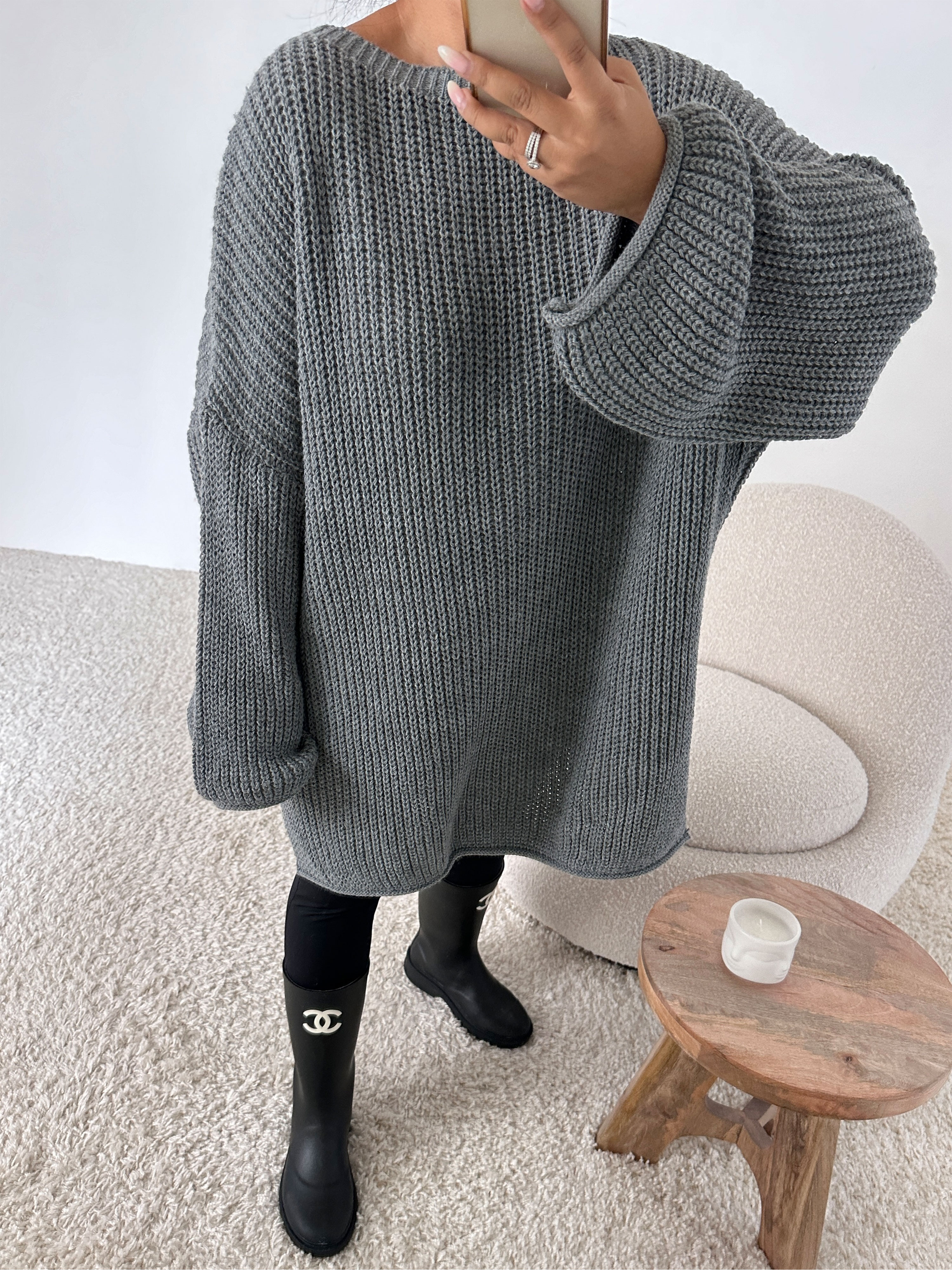 Schwerstrickpullover mit Seitenschlitz - Grau